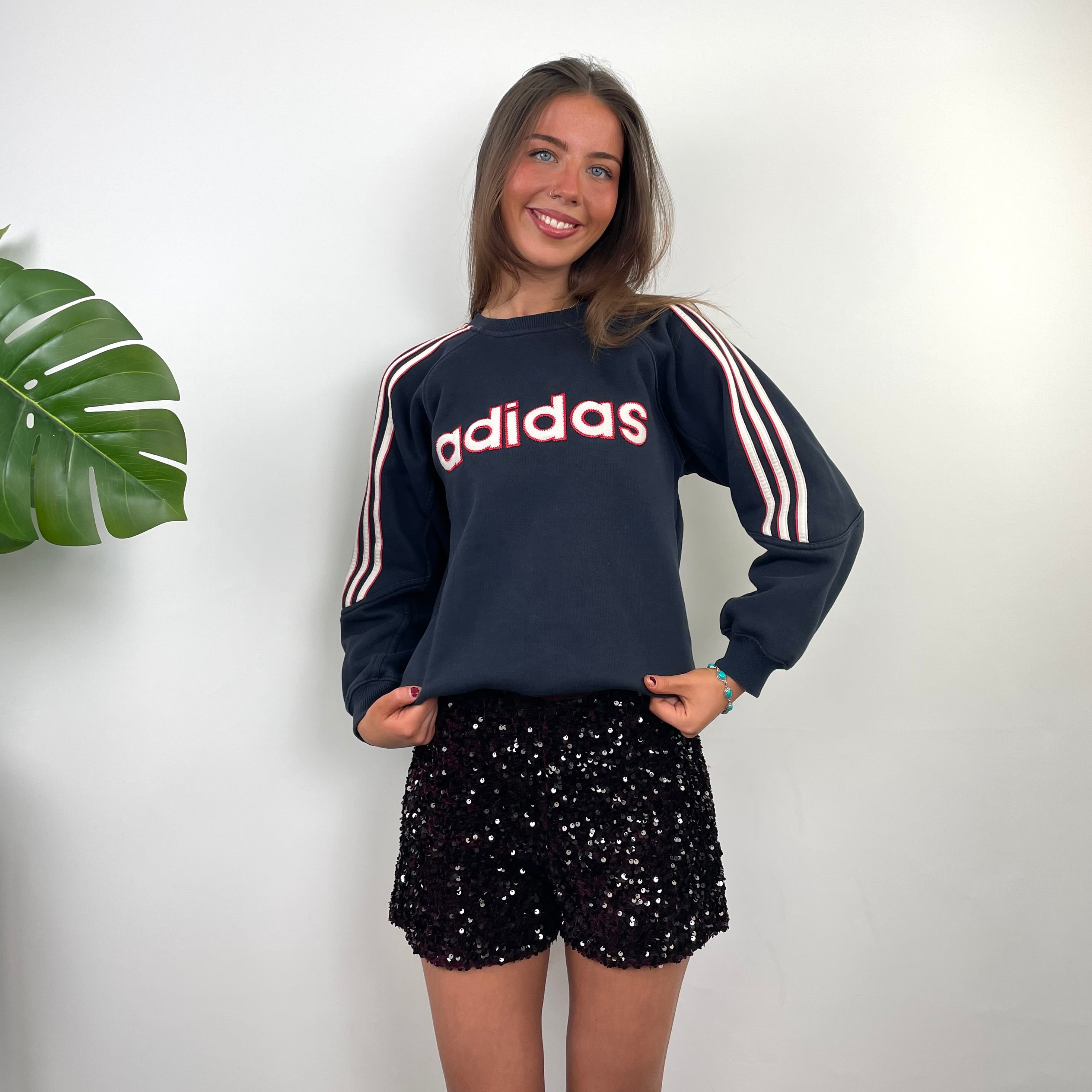 Adidas Navy Embroidered Spell Out Sweatshirt (XS)