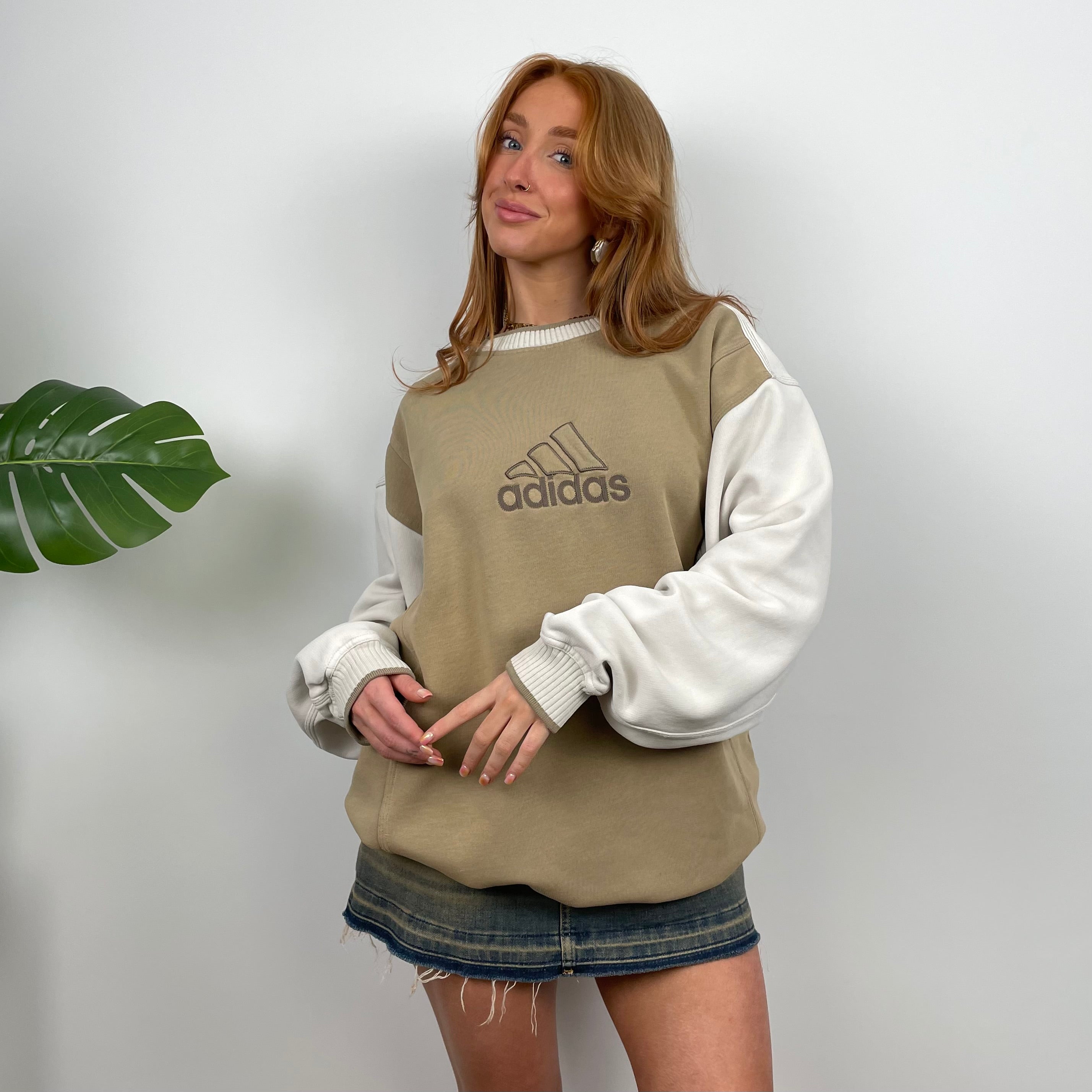 Adidas Cream and Tan Brown Embroidered Spell Out Sweatshirt (M)