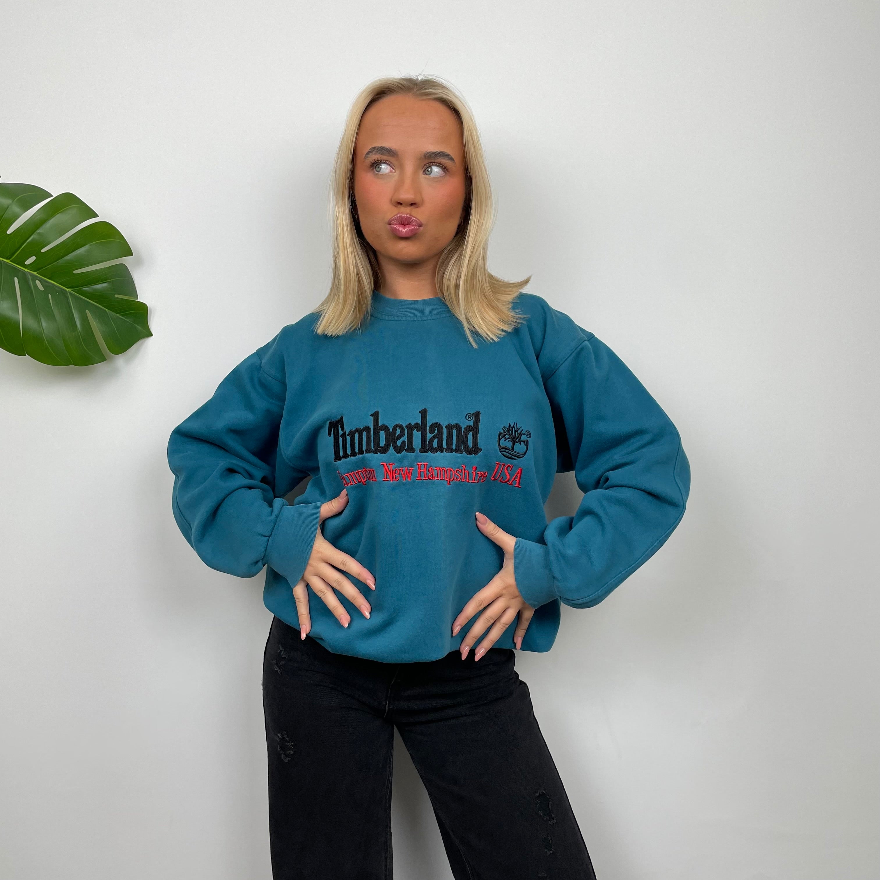 Timberland RARE Turquoise Blue Embroidered Spell Out Sweatshirt (L)