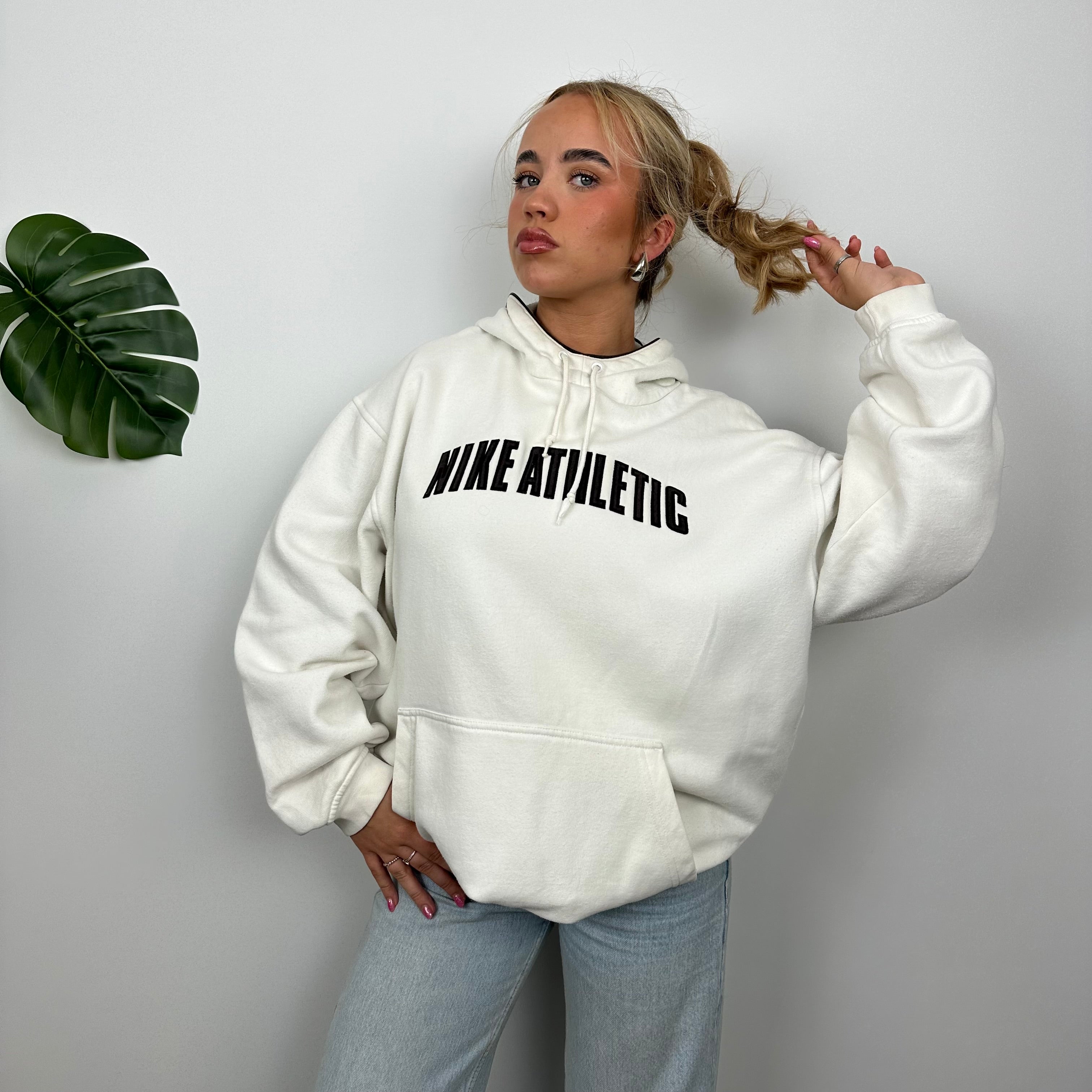 Nike Athletic White Embroidered Spell Out Hoodie (L)