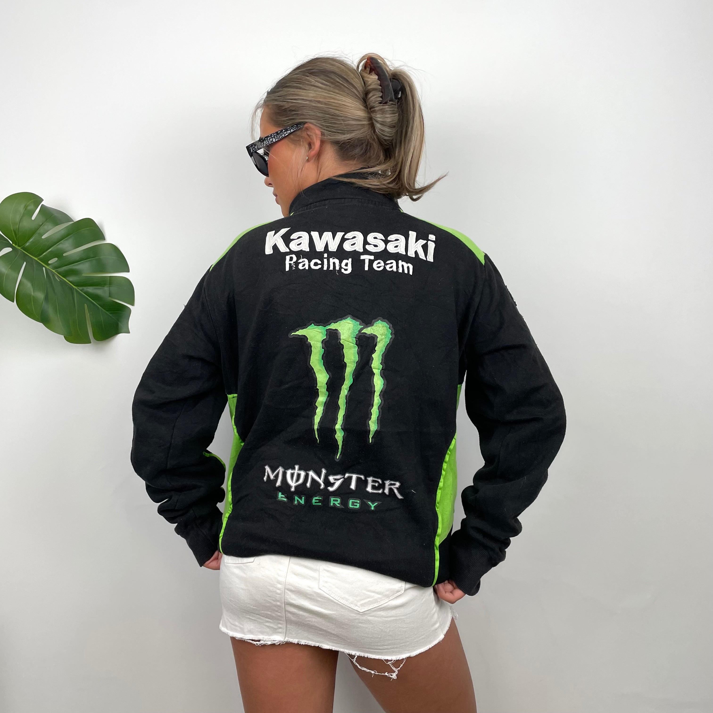 Monster Energy Racing Team Black Embroidered Spell Out Zip Up Hoodie Jacket (L)