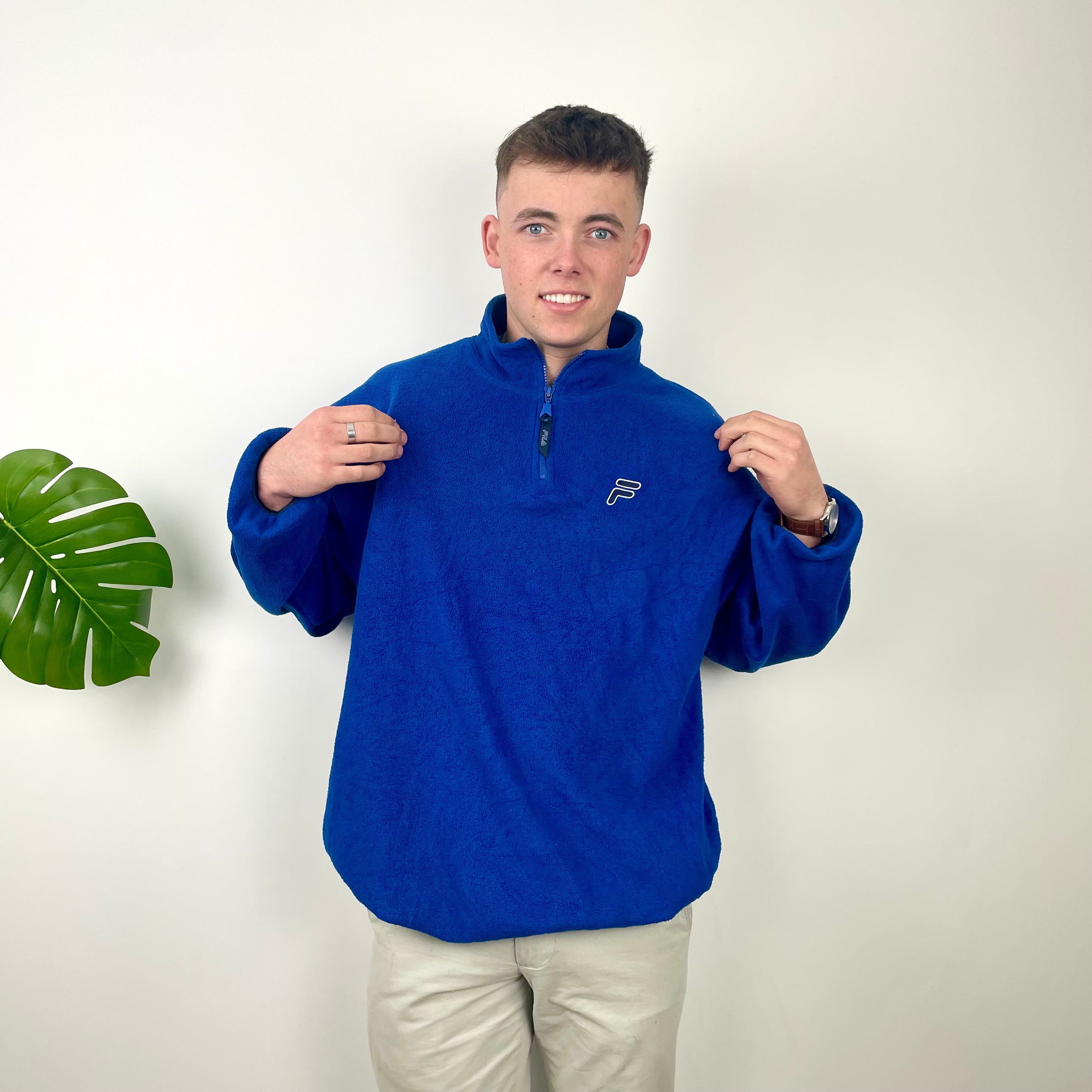 FILA Blue Embroidered Teddy Bear Quarter Zip Fleece Sweatshirt (XL)