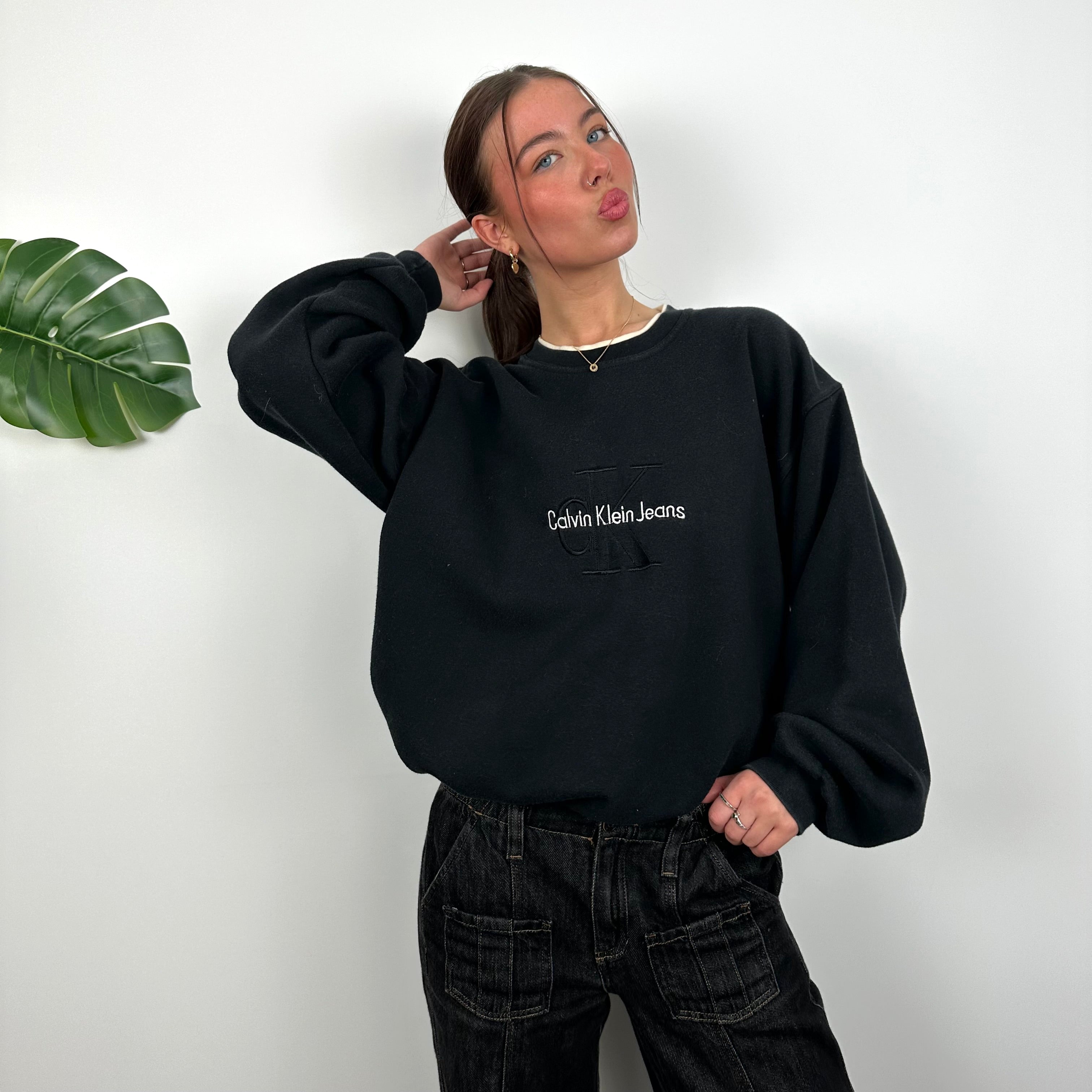 Calvin Klein RARE Black Embroidered Spell Out Sweatshirt (L)