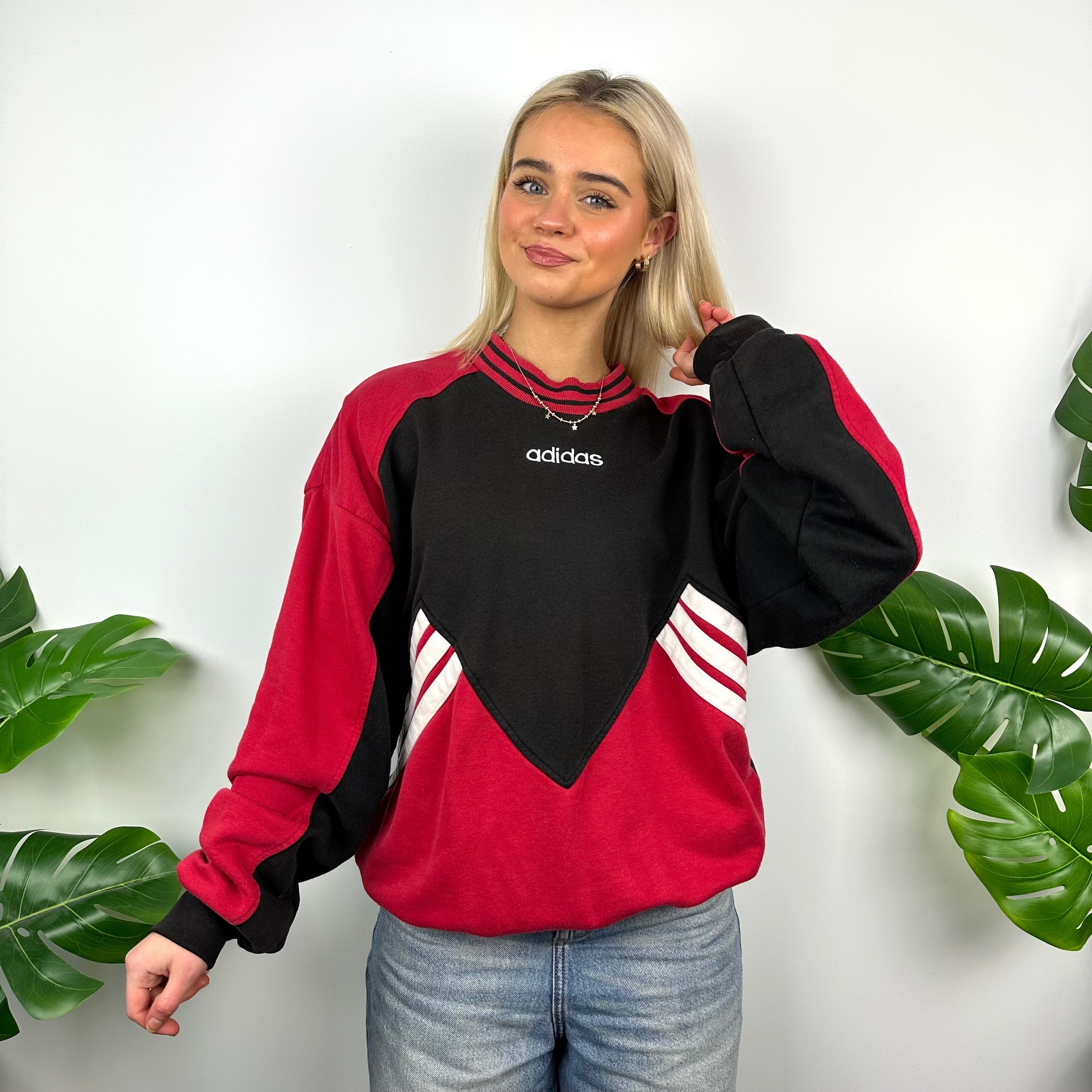 Adidas Red & Black Embroidered Spell Out Sweatshirt (L)