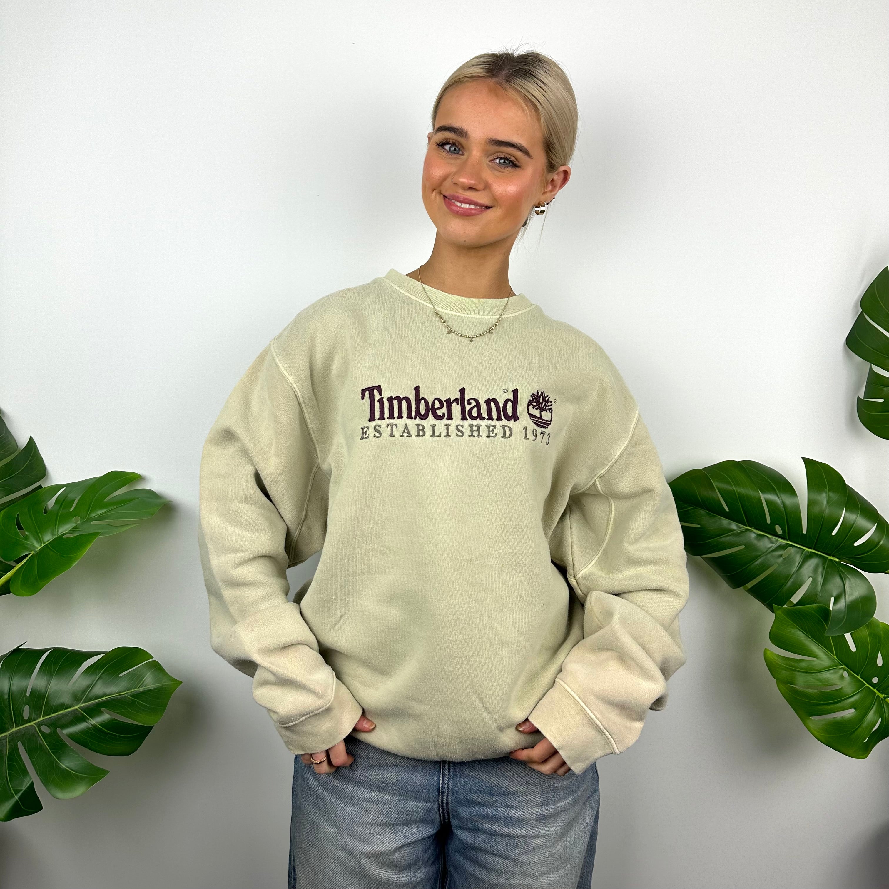 Timberland Beige Embroidered Spell Out Sweatshirt (M)