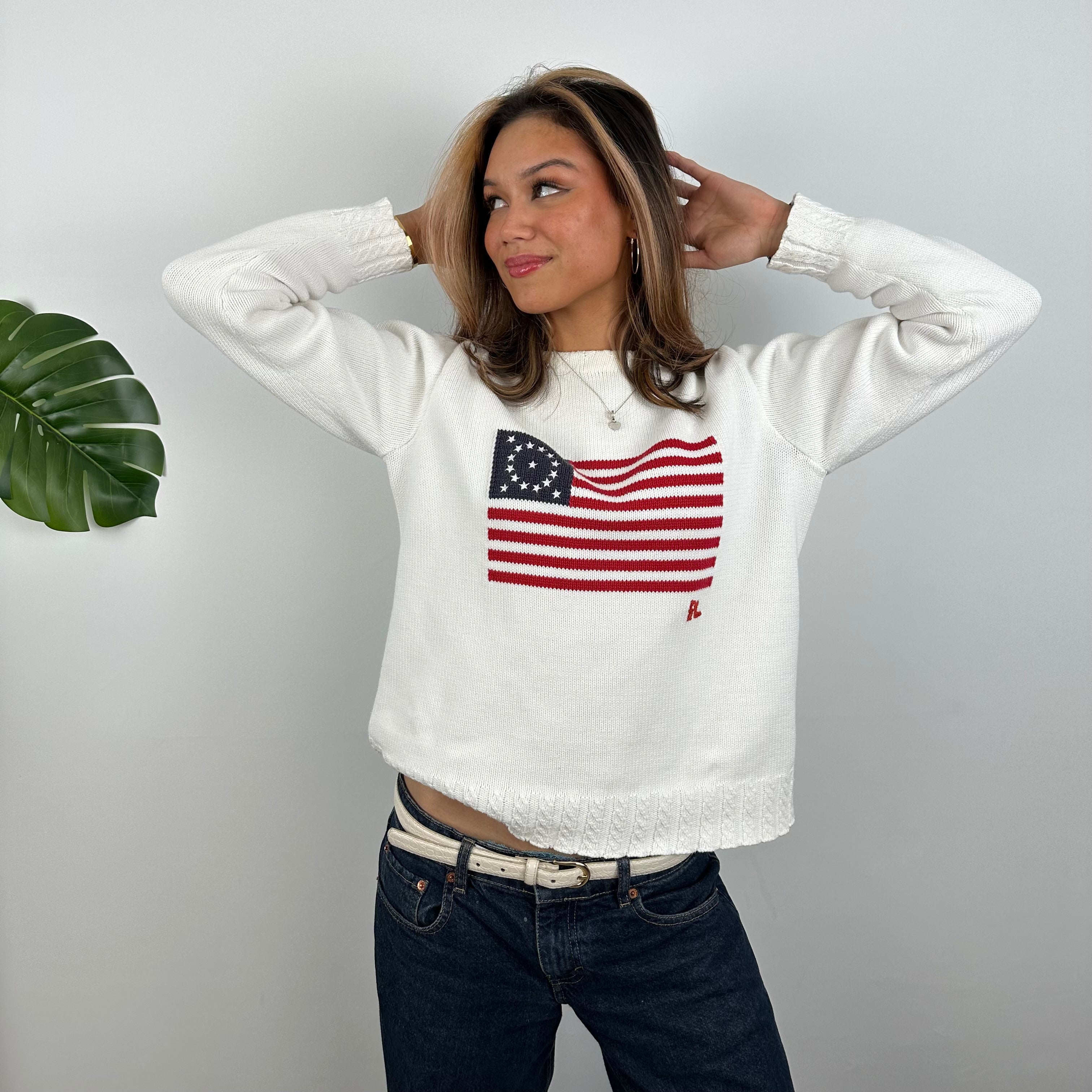 Polo Ralph Lauren White Embroidered Spell Out Knitted Sweater (S)