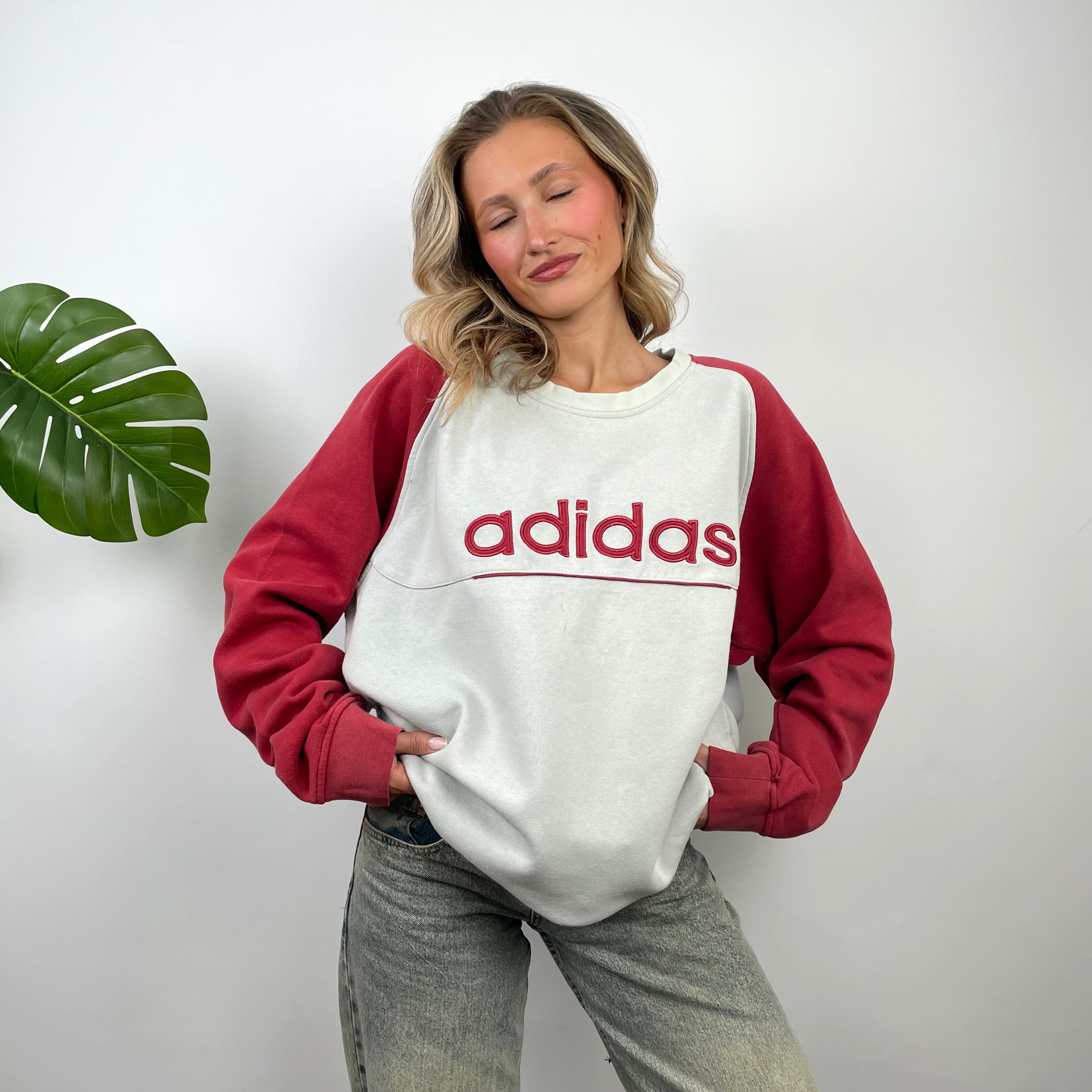 Adidas White Embroidered Spell Out Sweatshirt (XL)