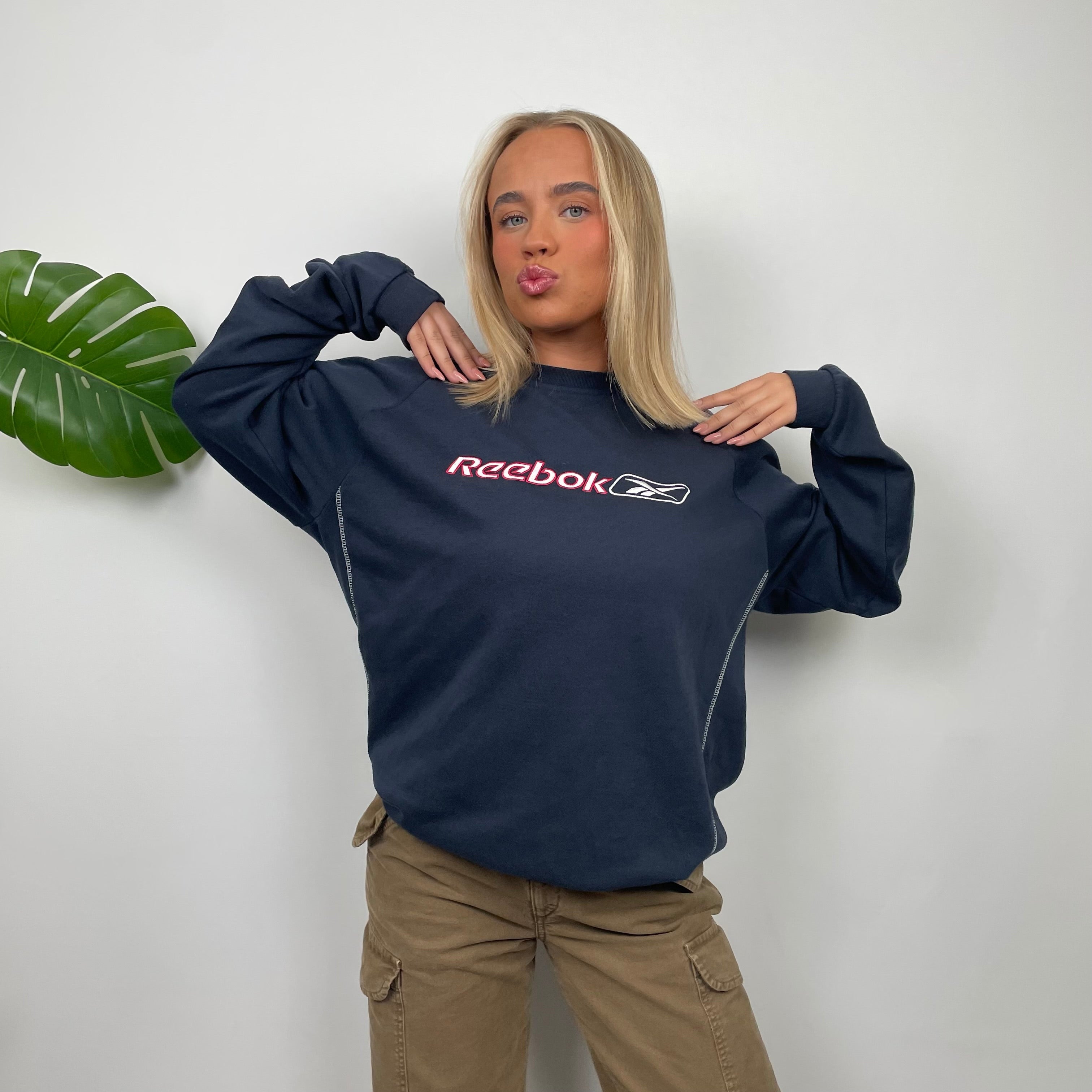 Reebok Navy Embroidered Spell Out Sweatshirt (L)