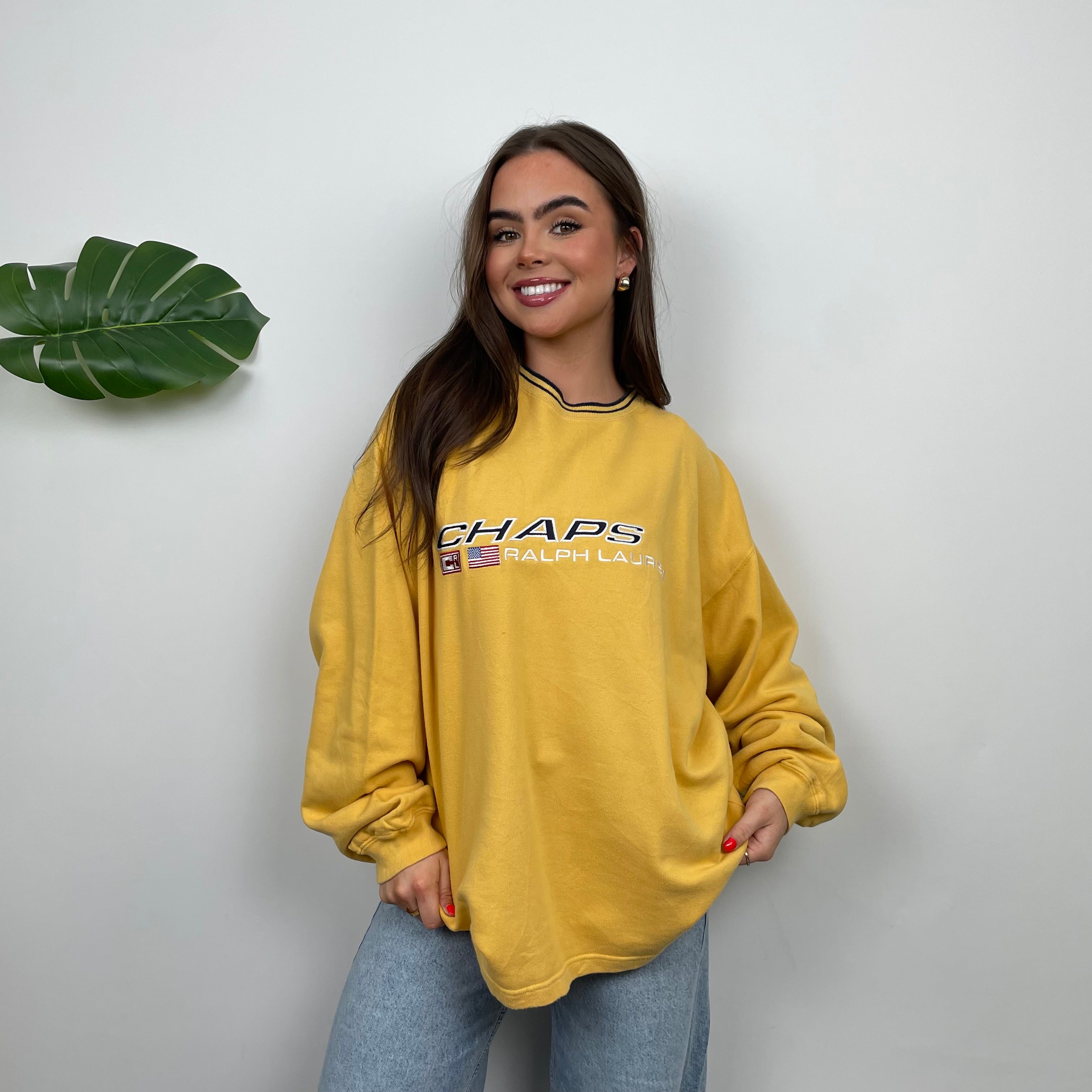 Chaps Ralph Lauren RARE Yellow Embroidered Spell Out Sweatshirt (L)