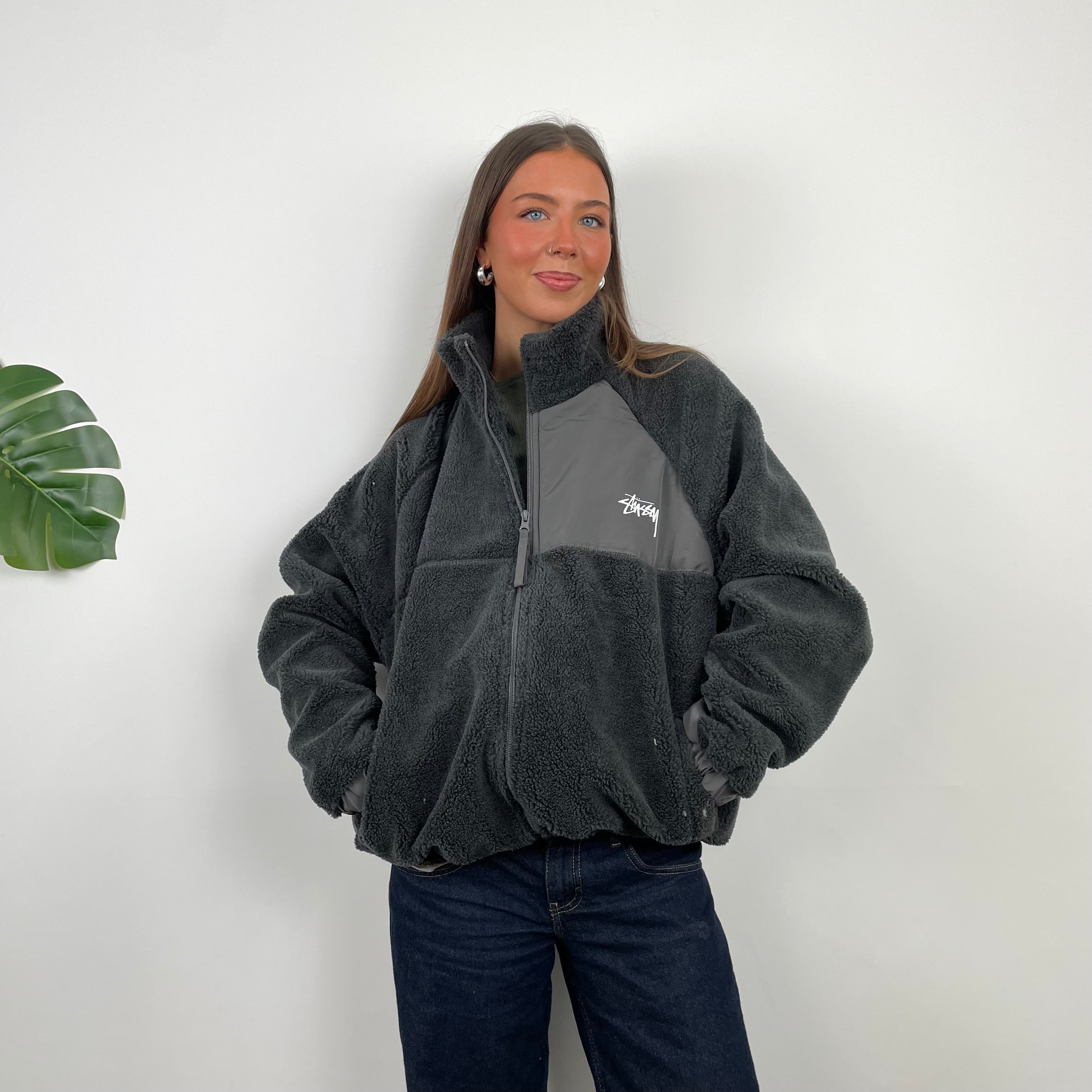 Stussy Black Teddy Bear Sherpa Fleece Zip Up Jacket (M)