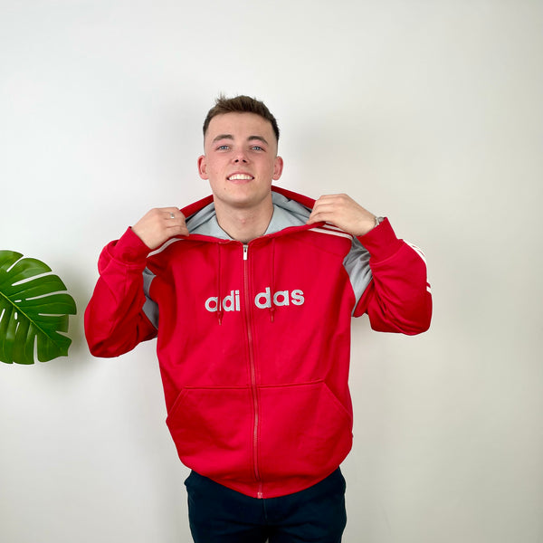 Adidas Red  Embroidered Spell Out Zip Up Hoodie Jacket (L)