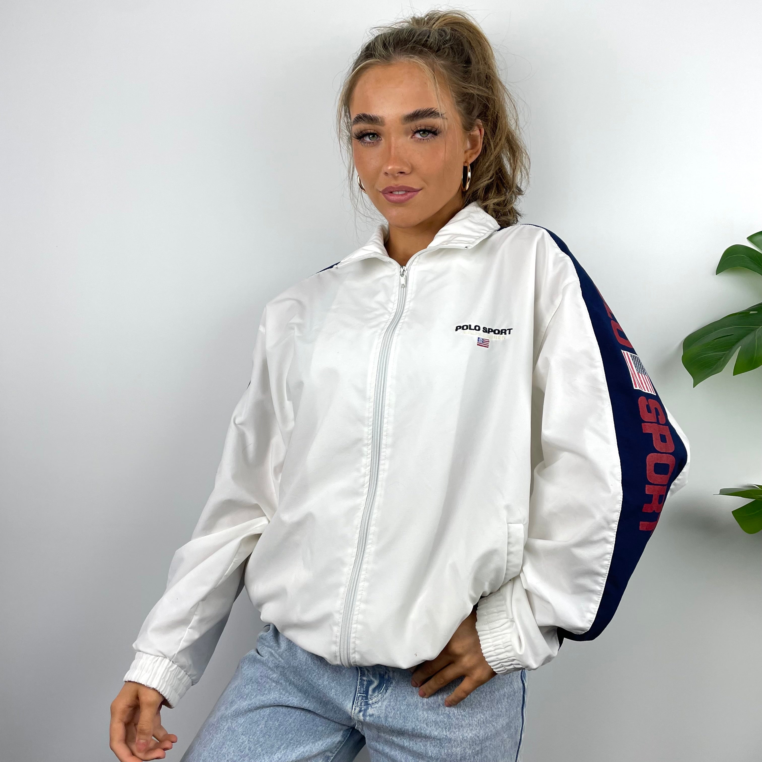 Polo Ralph Lauren RARE White Embroidered Spell Out Zip Up Track Jacket (L)