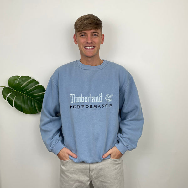 Timberland RARE Baby Blue Embroidered Spell Out Sweatshirt (M)