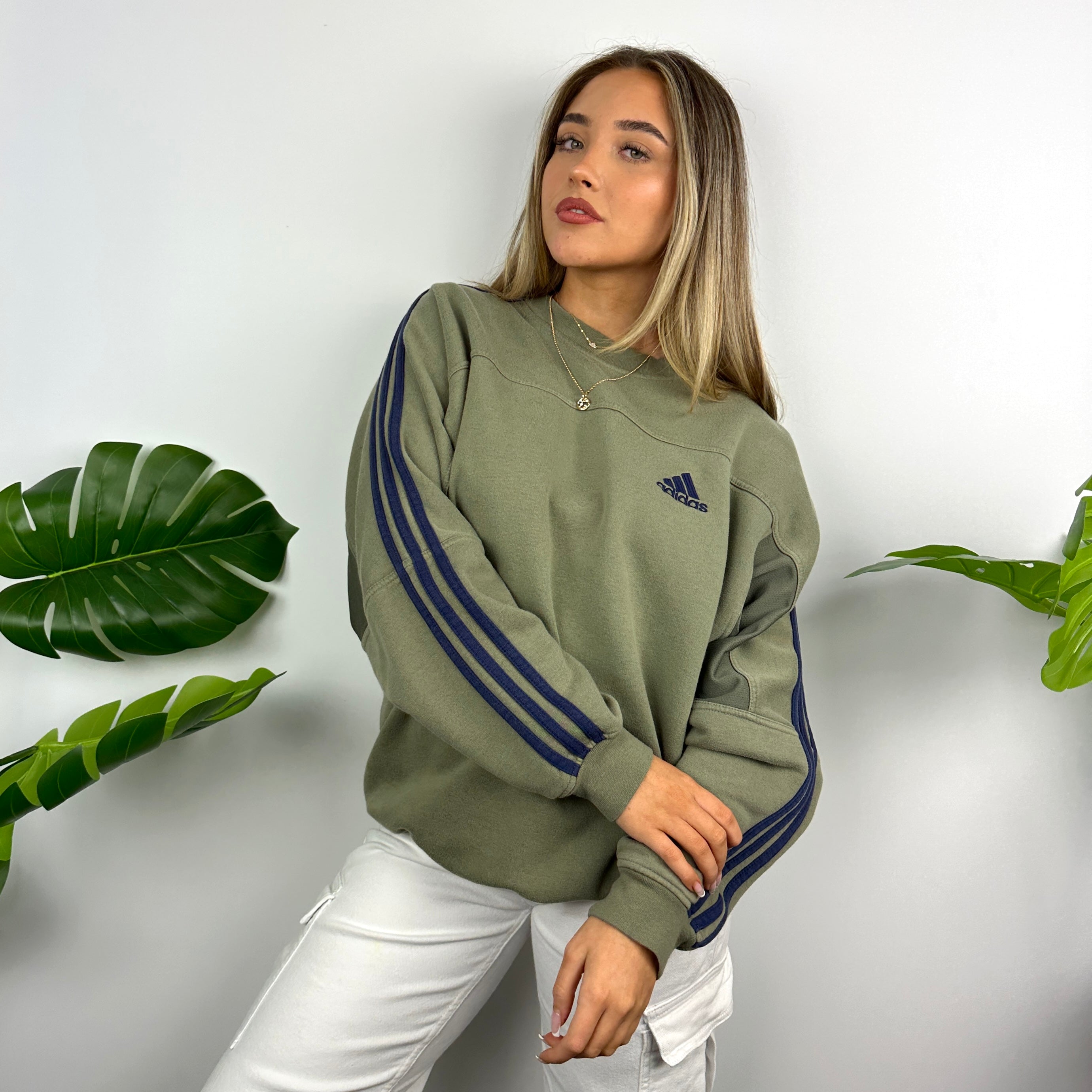 Adidas Khaki Green Embroidered Spell Out Sweatshirt (L)
