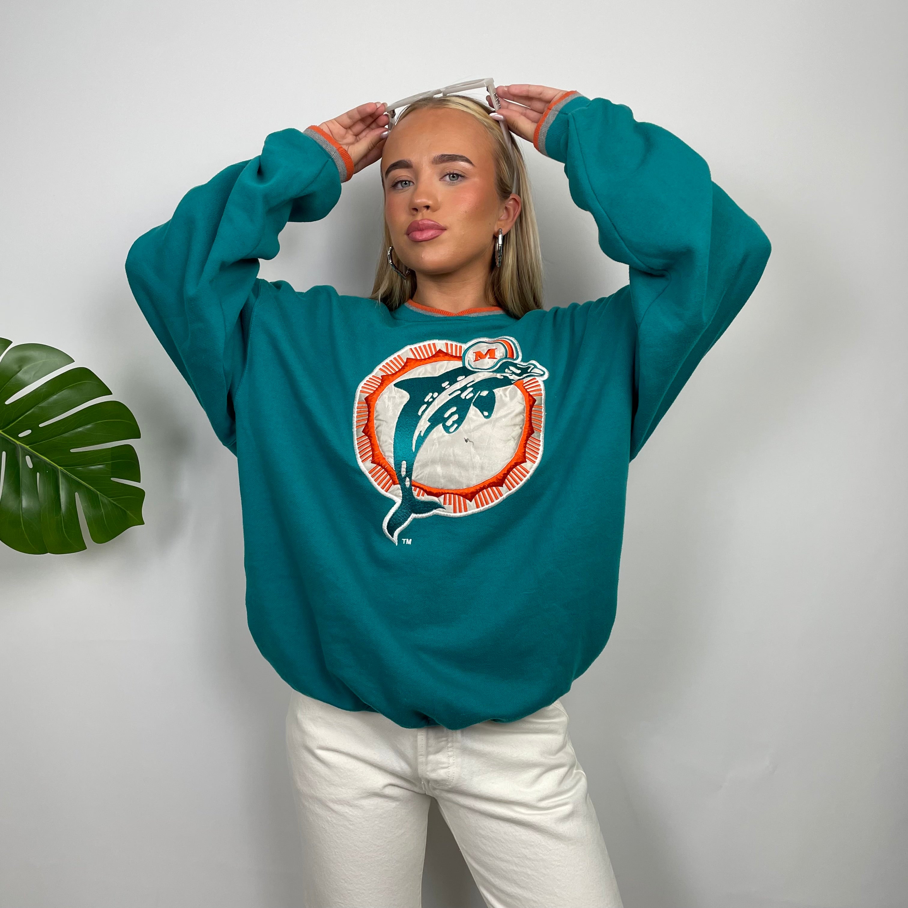 NFL Miami Dolphins Turquoise Embroidered Spell Out Sweatshirt (L)