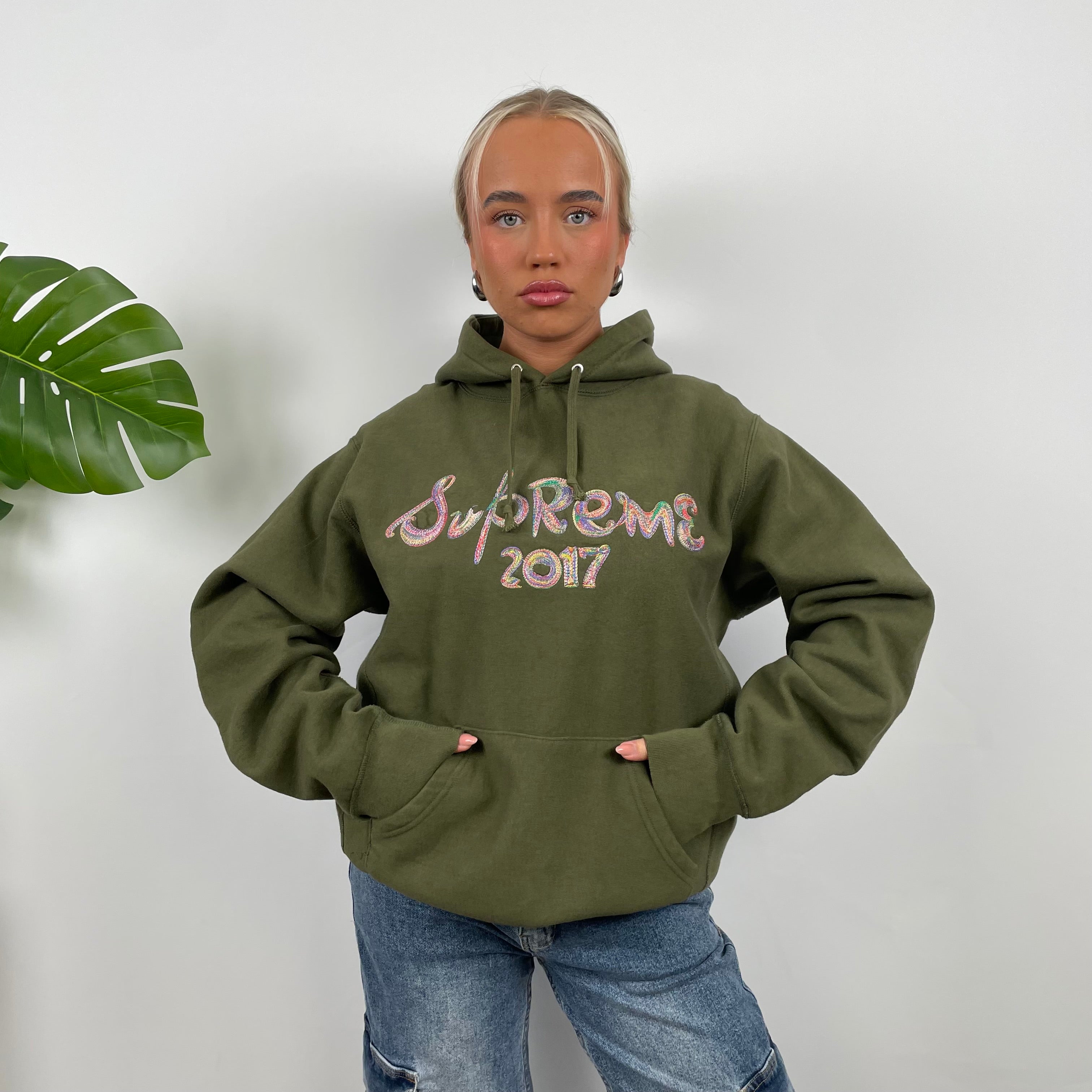 Supreme 2017 Khaki Green Brush Logo Embroidered Spell Out Hoodie L Jamie Online Vintage