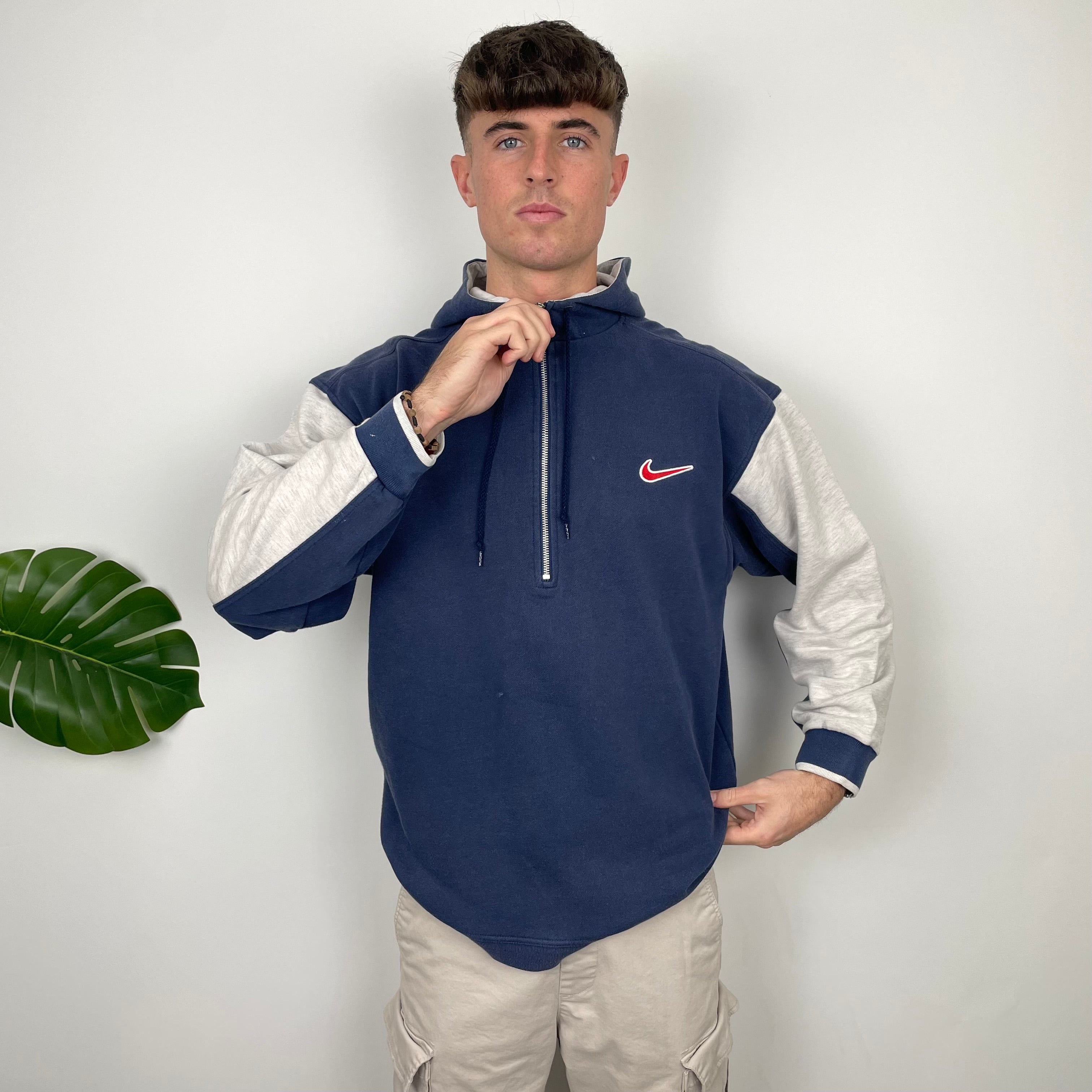 Nike RARE Navy Embroidered Swoosh Quarter Zip Hoodie (L)