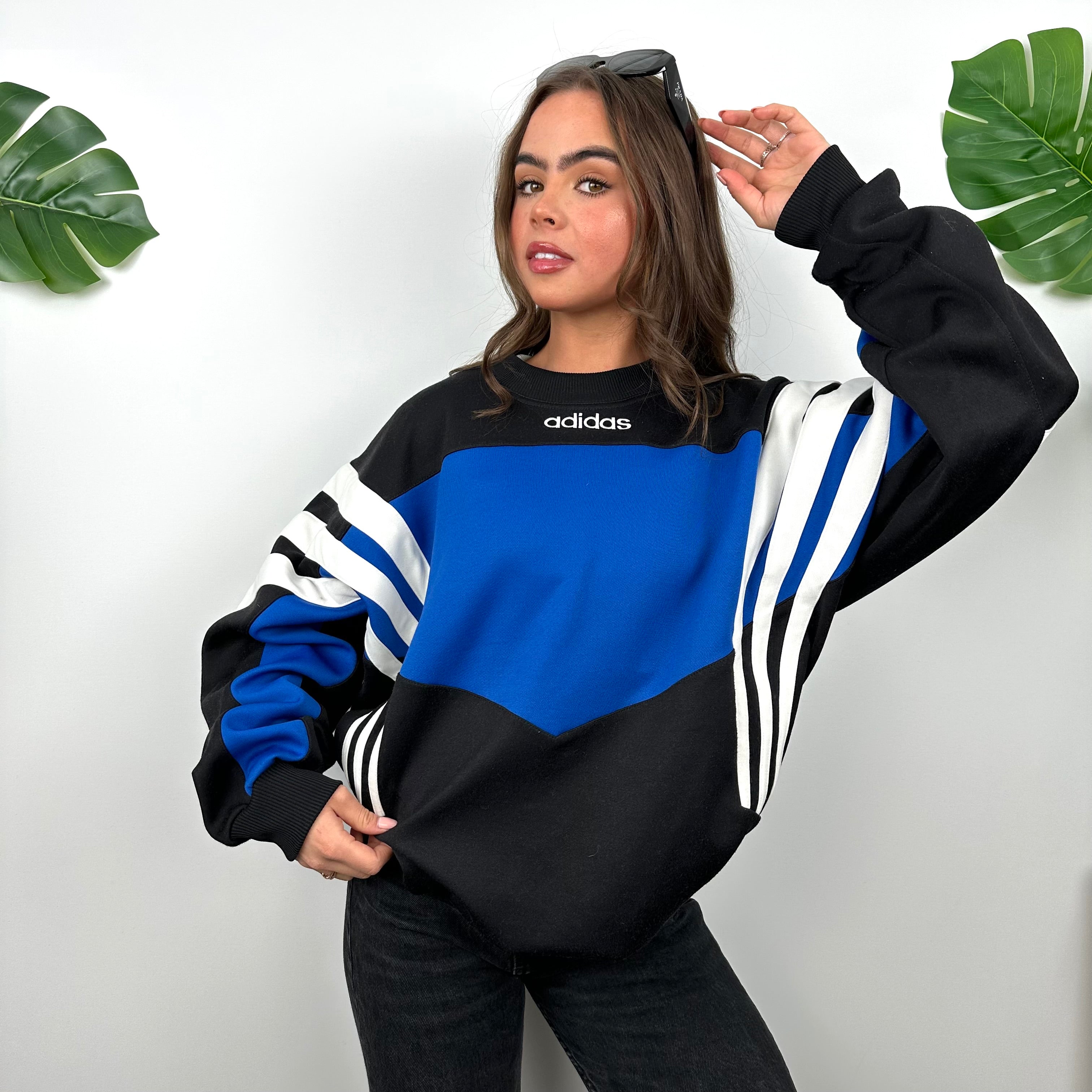 Adidas Black & Blue Embroidered Spell Out Colour Block Sweatshirt (L)