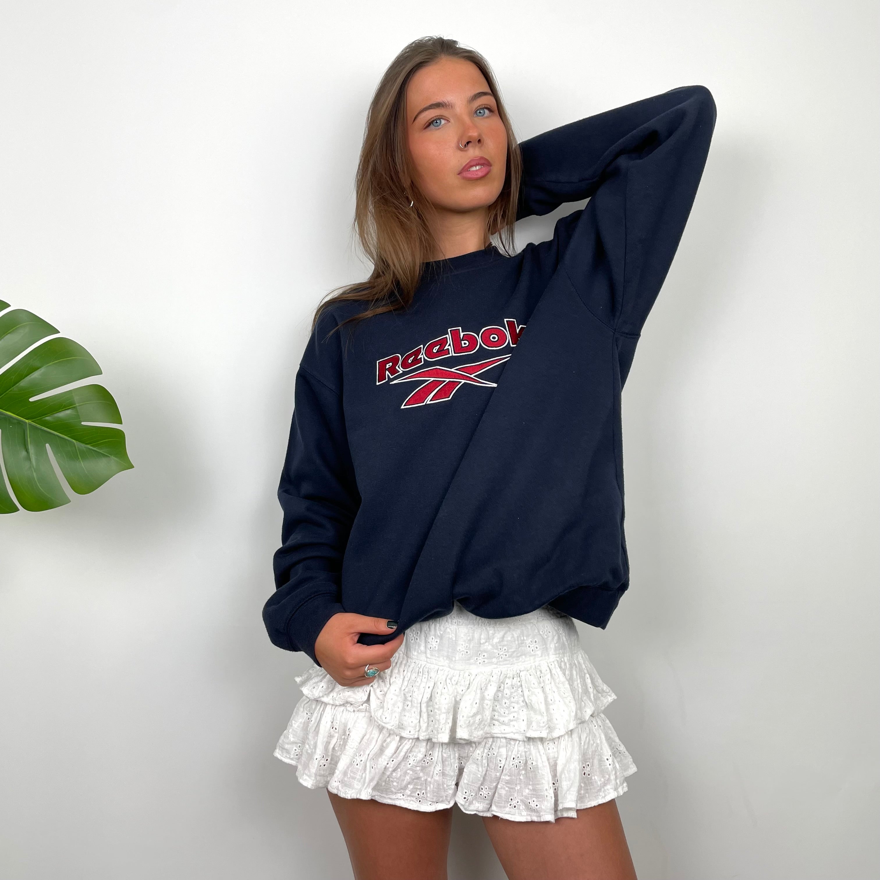 Reebok RARE Navy Embroidered Spell Out Sweatshirt (L)