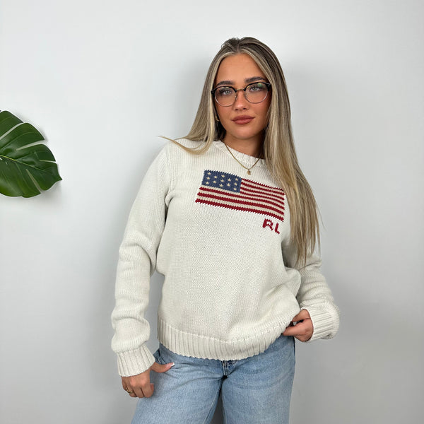 Polo Ralph Lauren White Embroidered Spell Out Knitted Sweater (M)