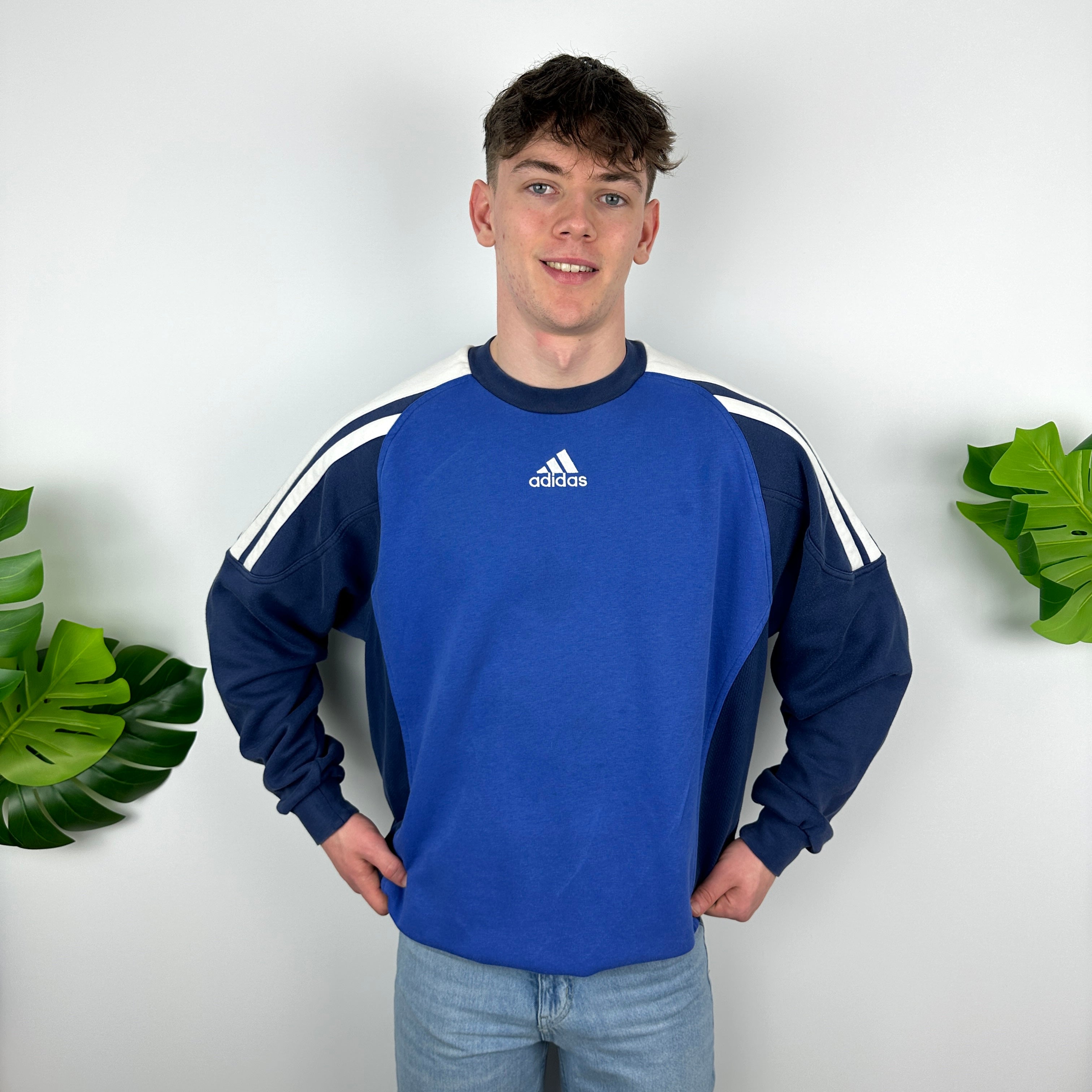 Adidas Blue Embroidered Spell Out Sweatshirt (XL)