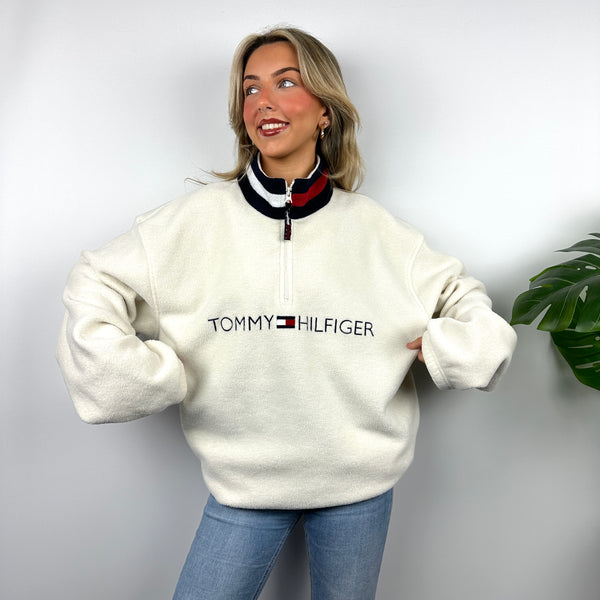 Tommy Hilfiger Cream Embroidered Spell Out Teddy Bear Fleece Quarter Zip Sweatshirt (XL)