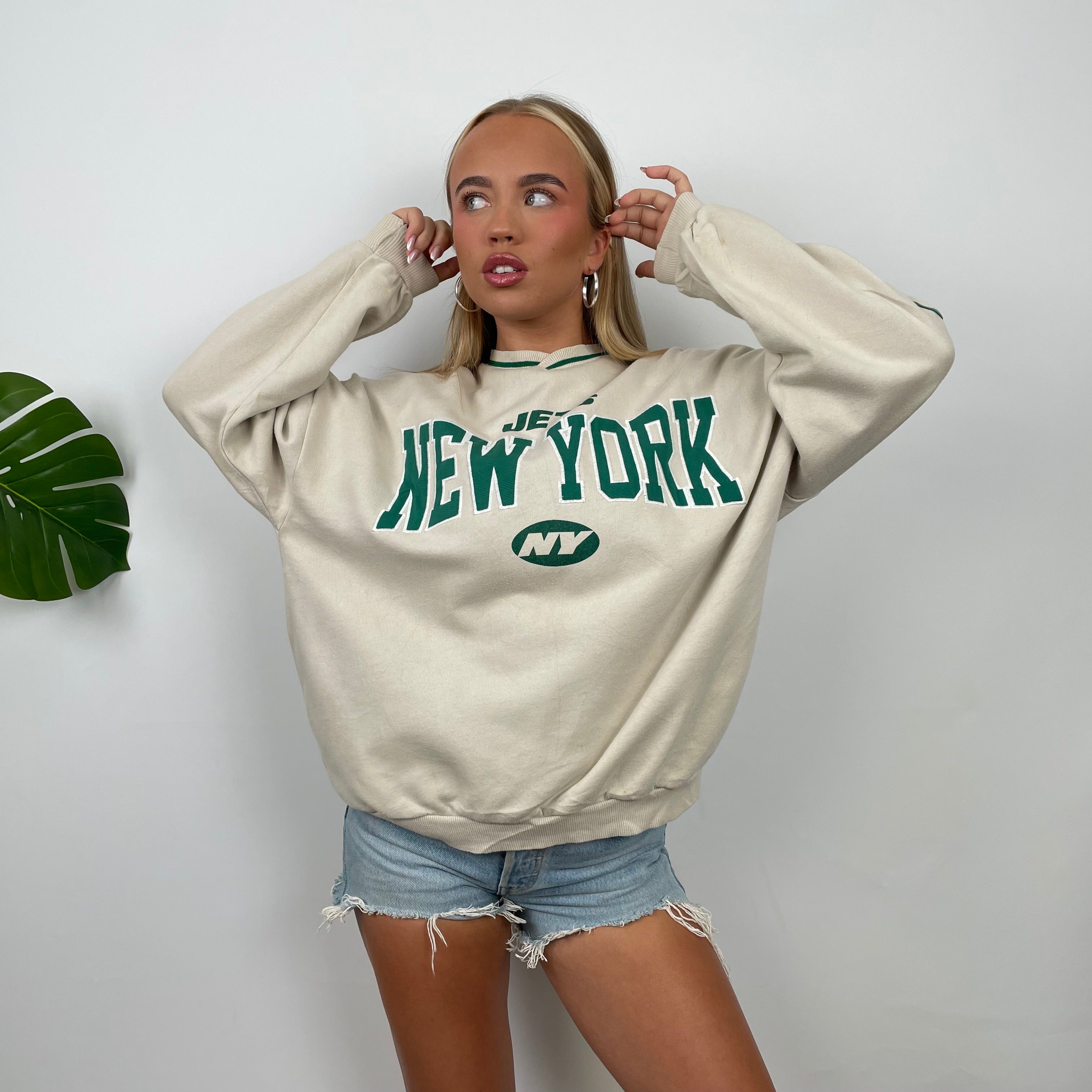 New York Jets Cream Embroidered Spell Out Sweatshirt (S)