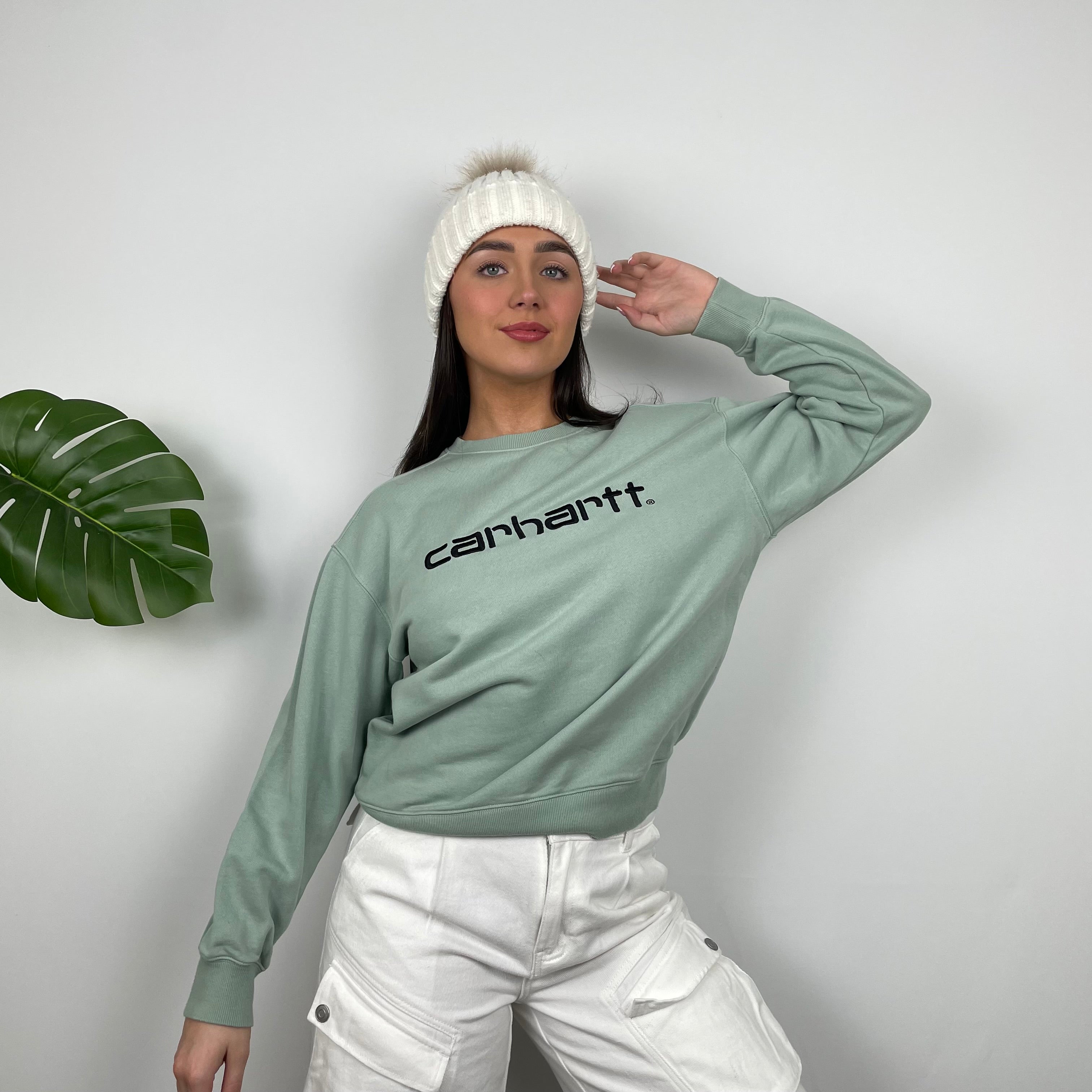 Carhartt RARE Mint Green Embroidered Spell Out Sweatshirt (XS)