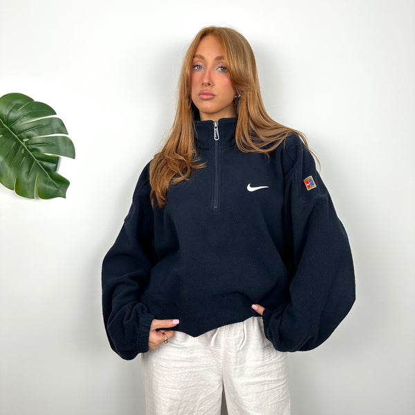 Nike Navy Embroidered Swoosh Teddy Bear Fleece Quarter Zip Sweatshirt (L)