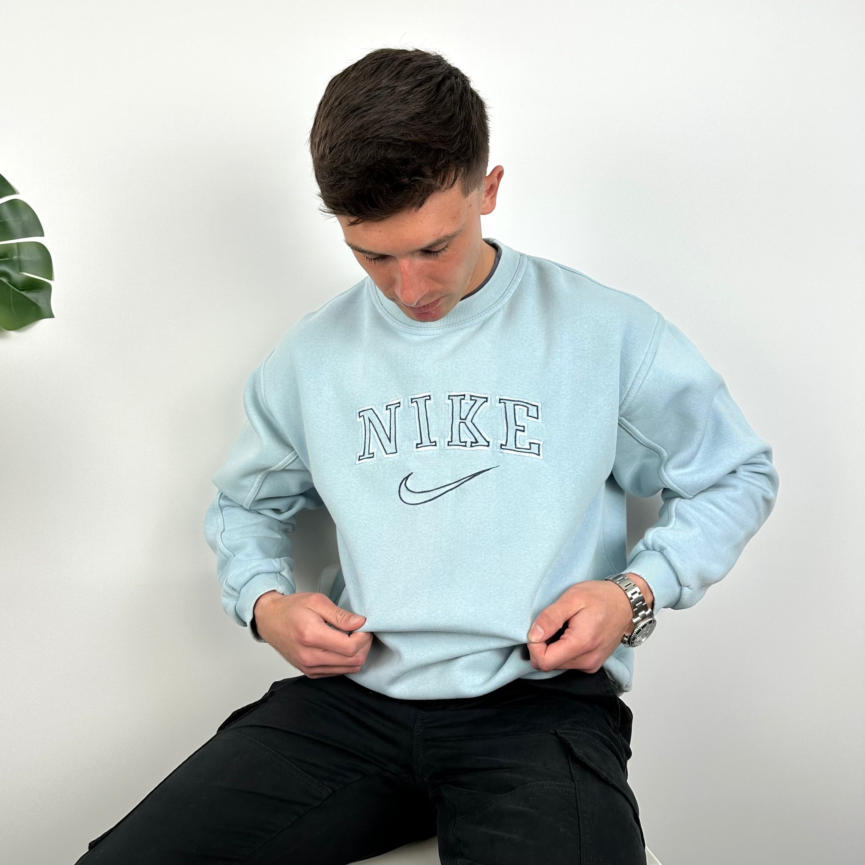 Nike Baby Blue Embroidered Spell Out Sweatshirt (M)