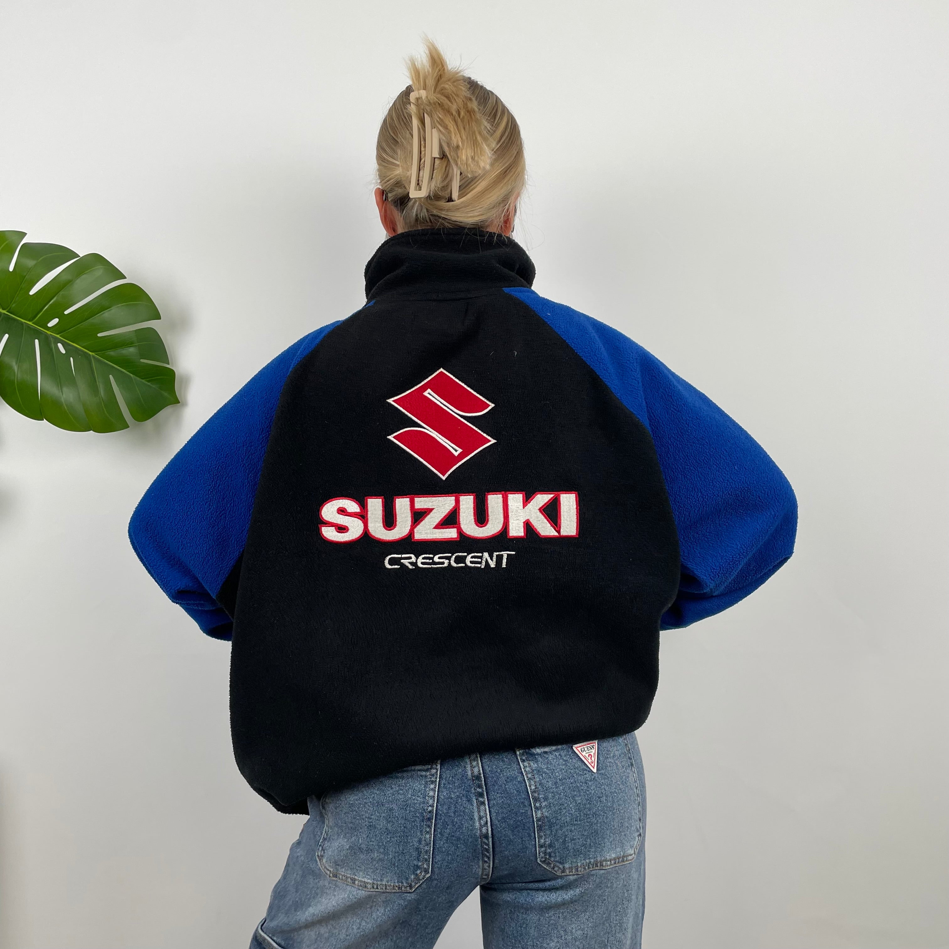 Suzuki Racing Blue Embroidered Spell Out Zip Up Fleece Jacket (XXL)