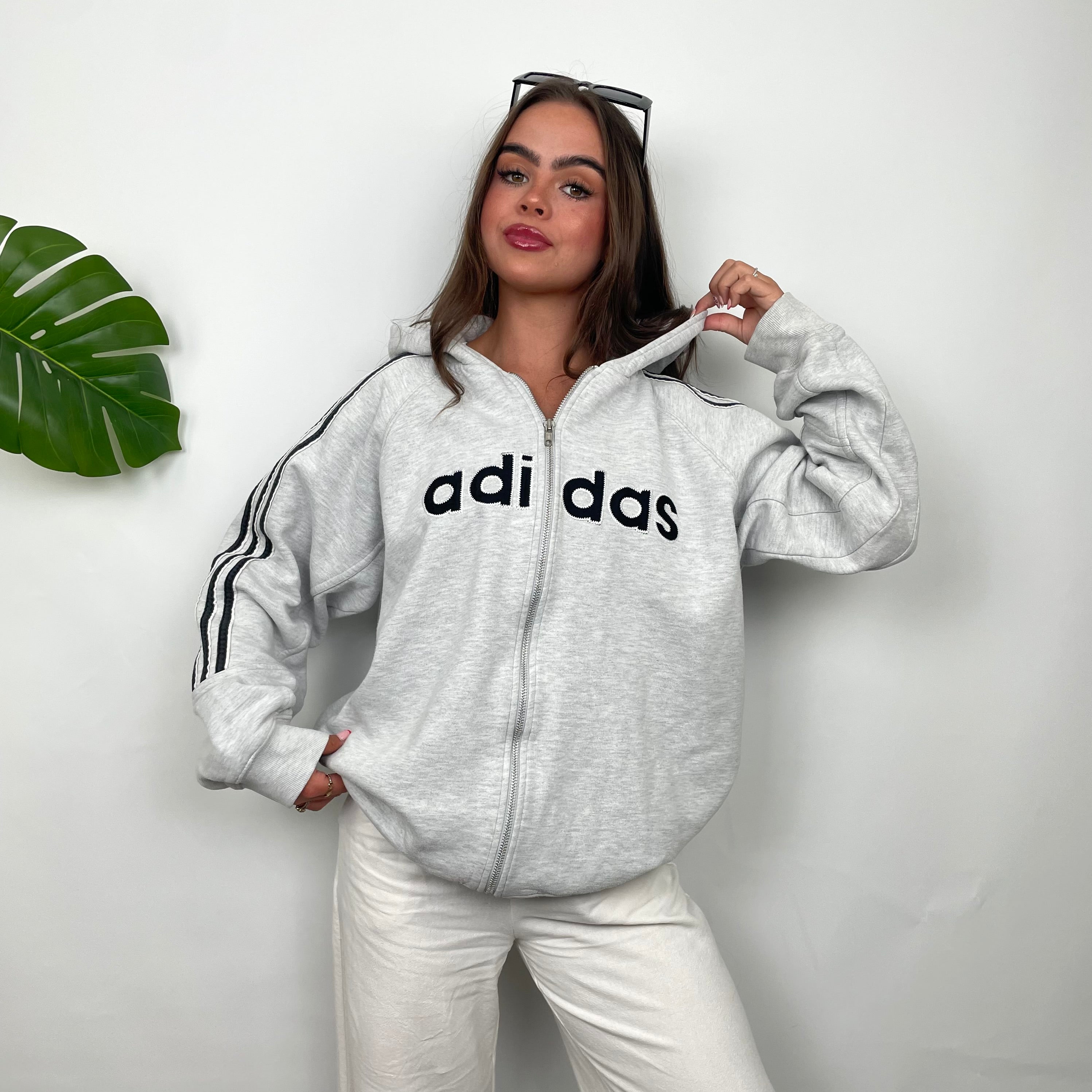 Adidas Grey Embroidered Spell Out Zip Up Hoodie Jacket (M)