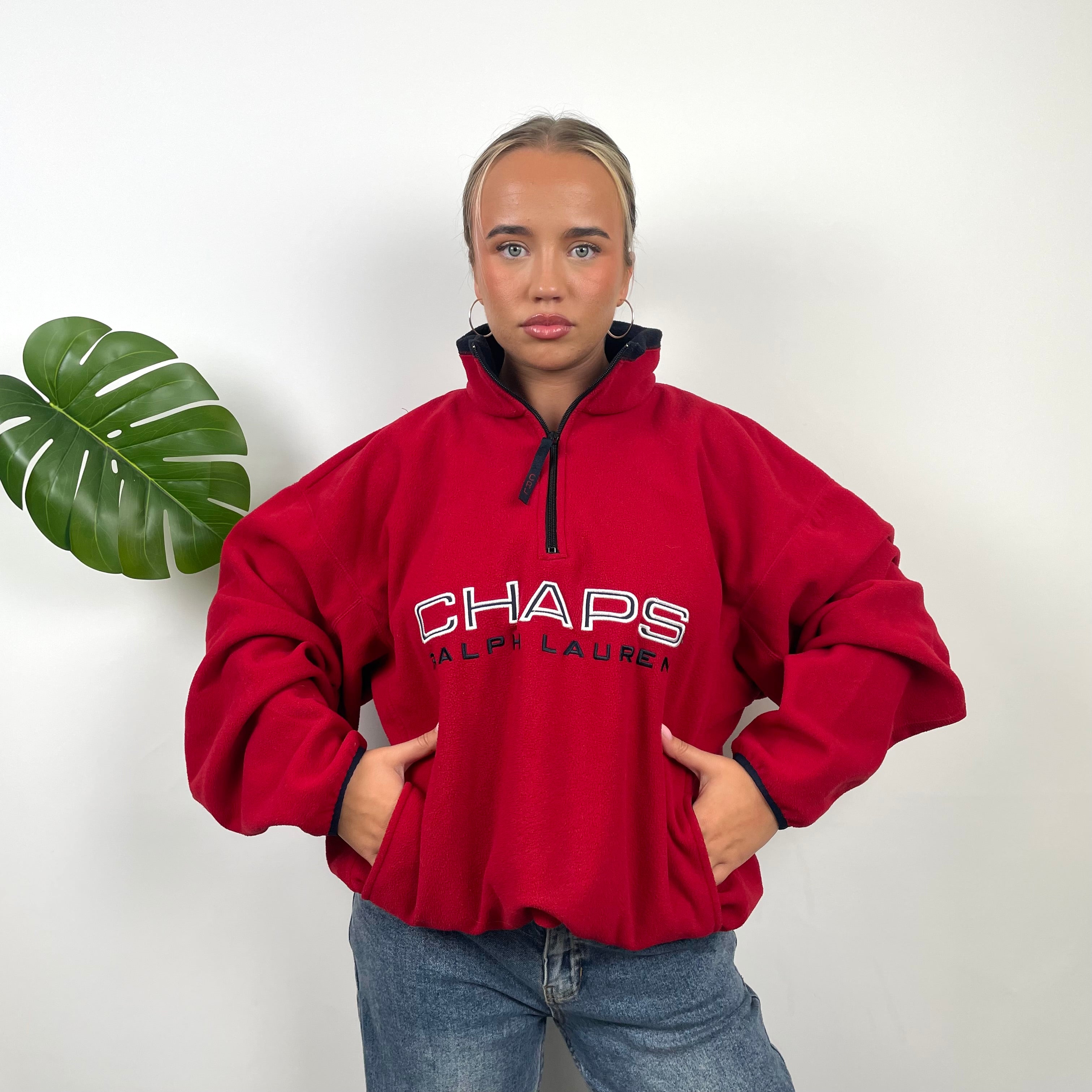 Chaps Ralph Lauren Red Embroidered Spell Out Teddy Bear Fleece Quarter Zip Sweatshirt (L)