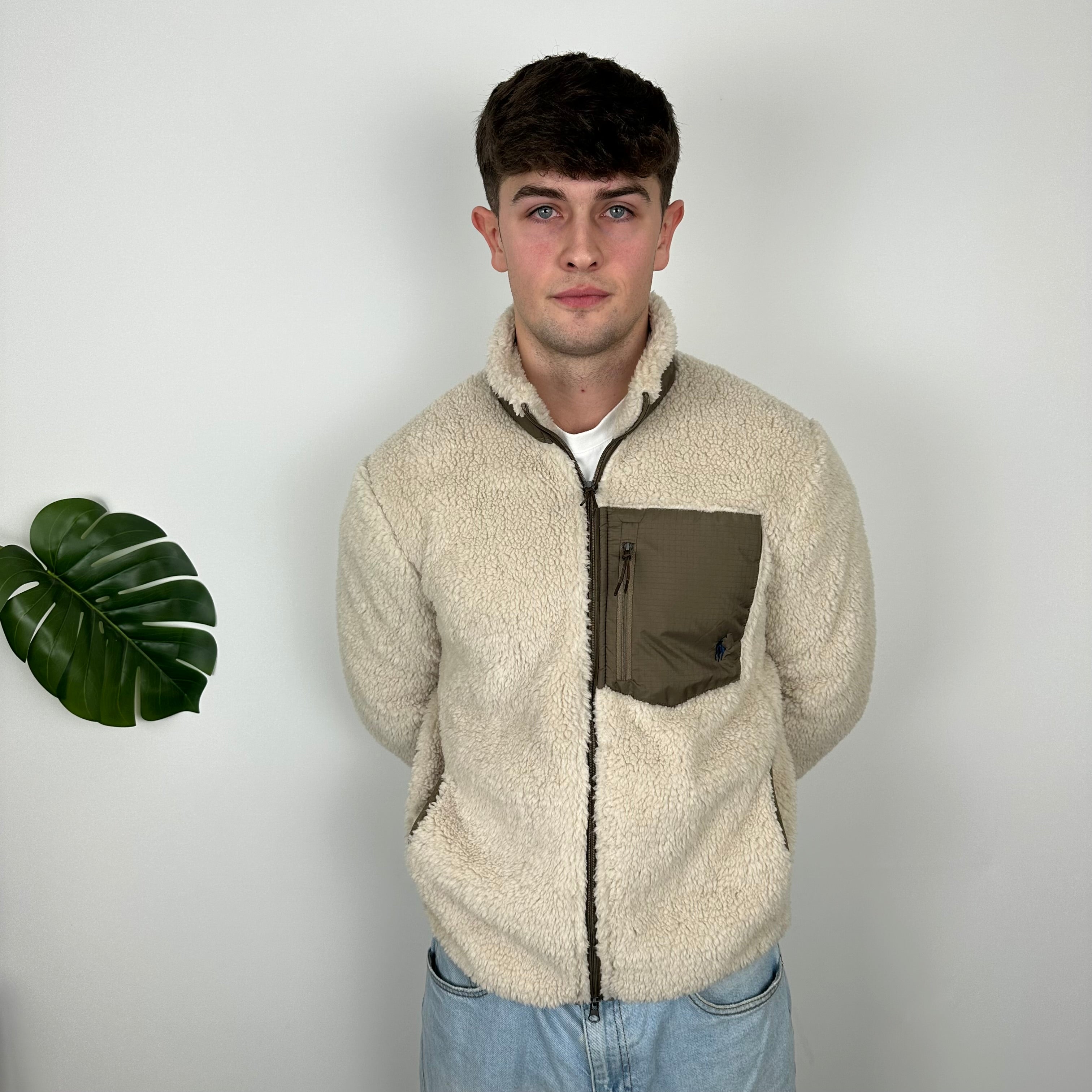 Polo Ralph Lauren Cream Embroidered Logo Teddy Bear Fleece Jacket (M)
