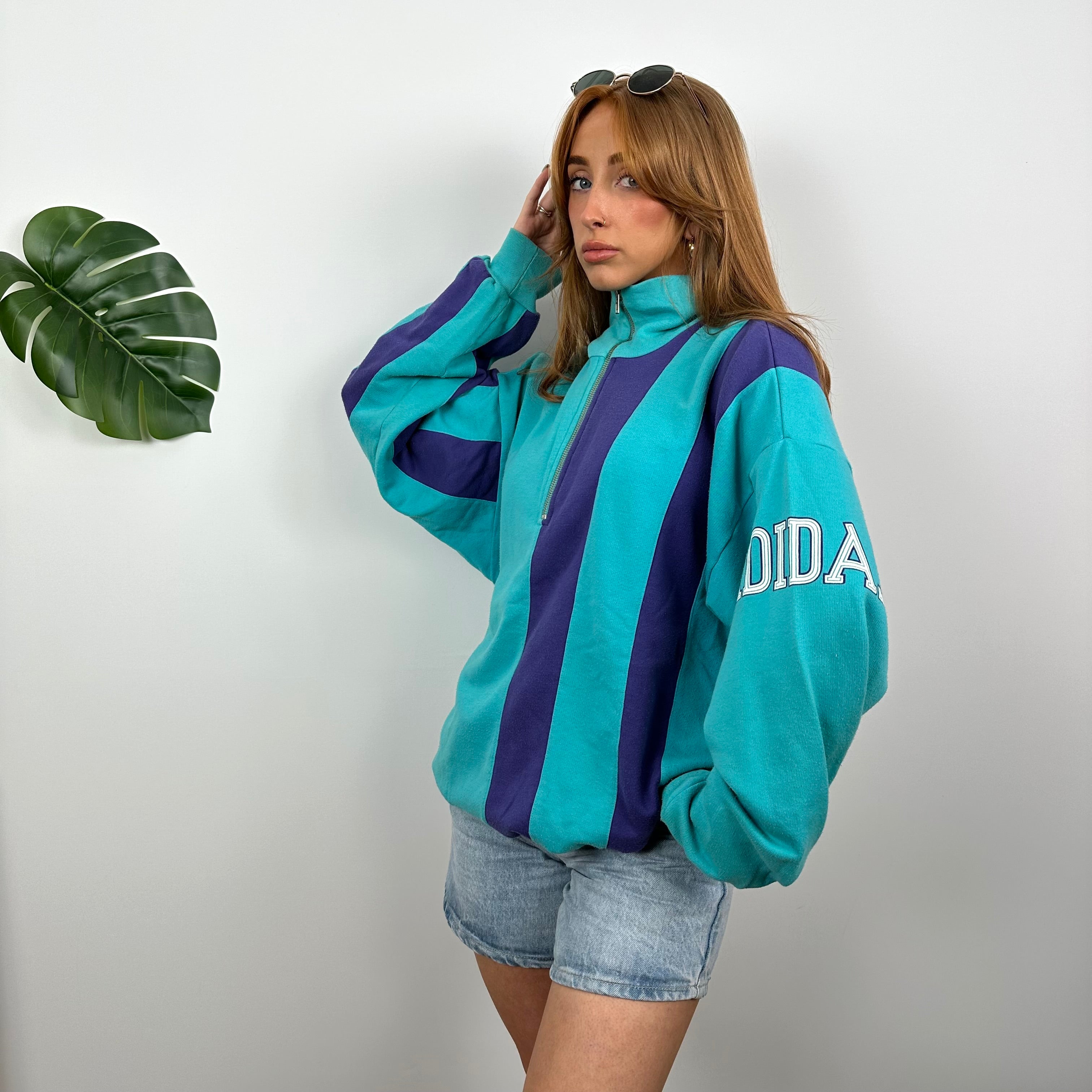 Adidas RARE Purple & Turquoise Blue Colour Block Embroidered Spell Out Quarter Zip Sweatshirt (M)