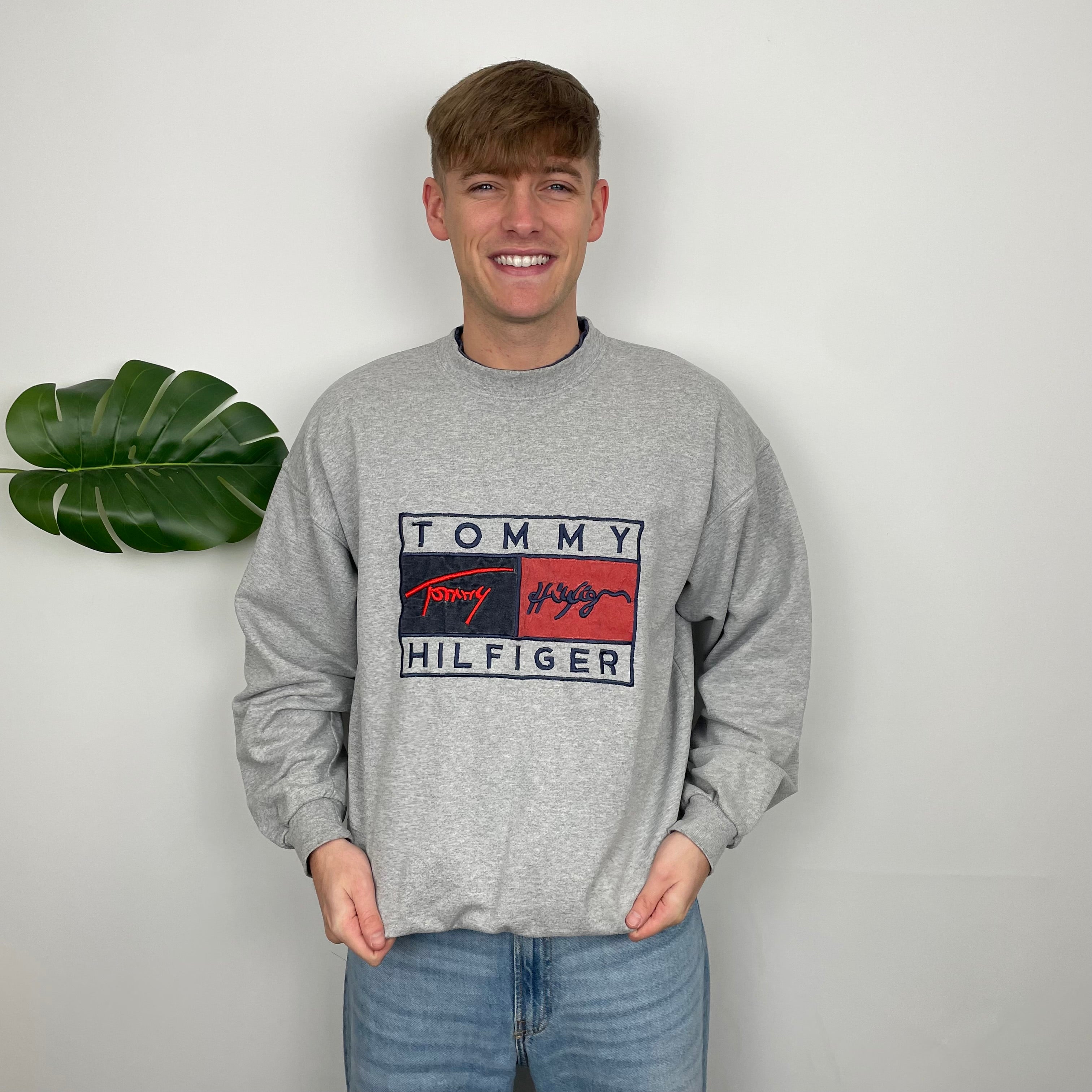 Tommy Hilfiger Grey Embroidered Spell Out Sweatshirt (XL)