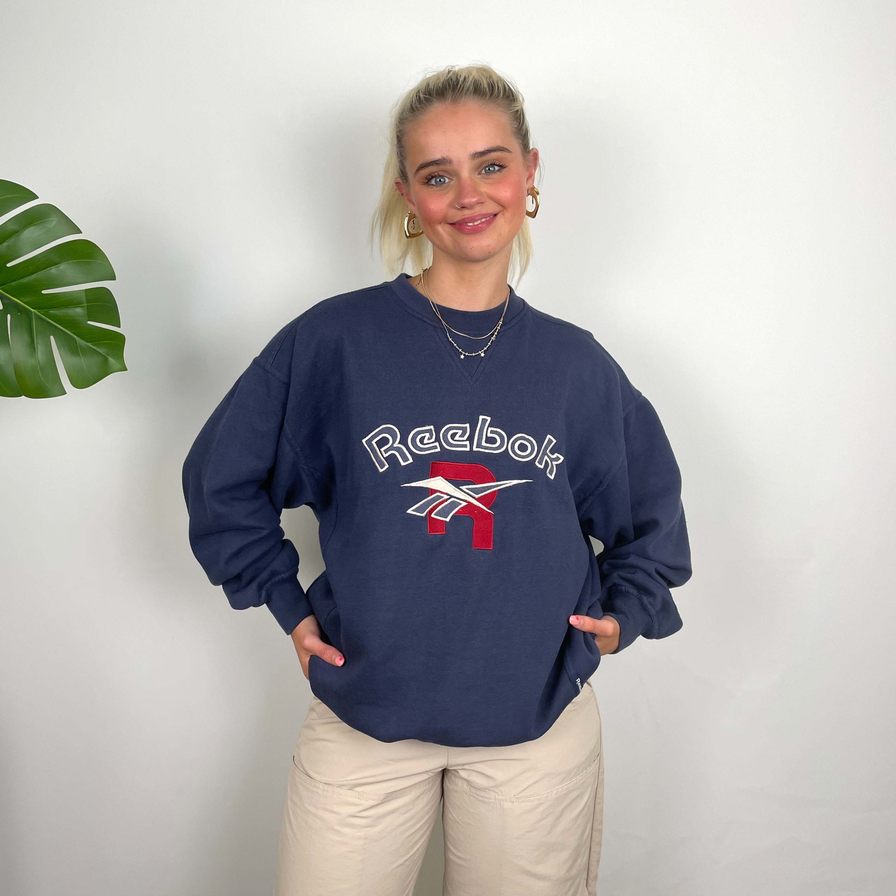 Reebok RARE Navy Embroidered Spell Out Sweatshirt (M)