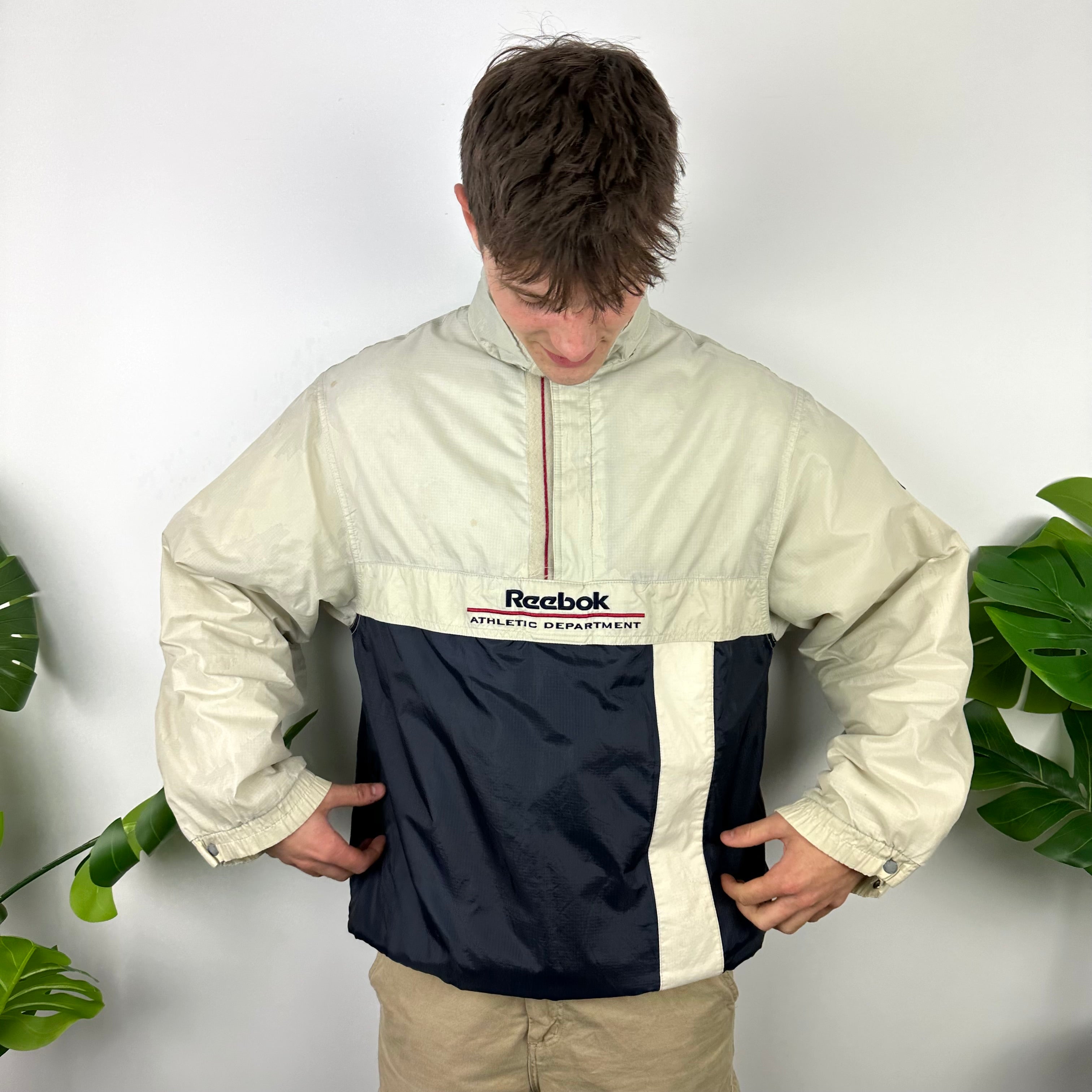Reebok Cream and Navy Embroidered Spell Out Padded Jacket (L)