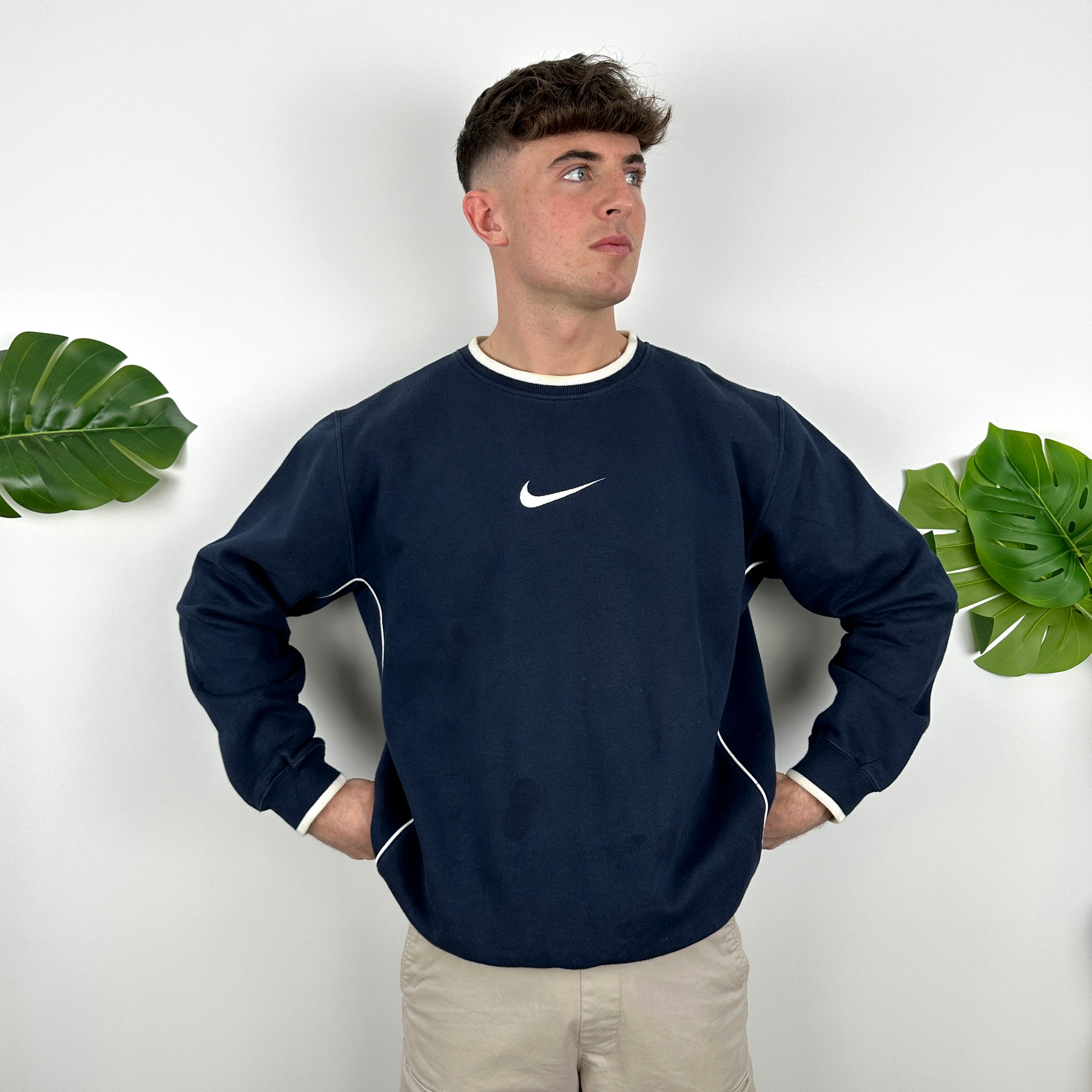 Nike RARE Navy Embroidered Swoosh Sweatshirt (L)