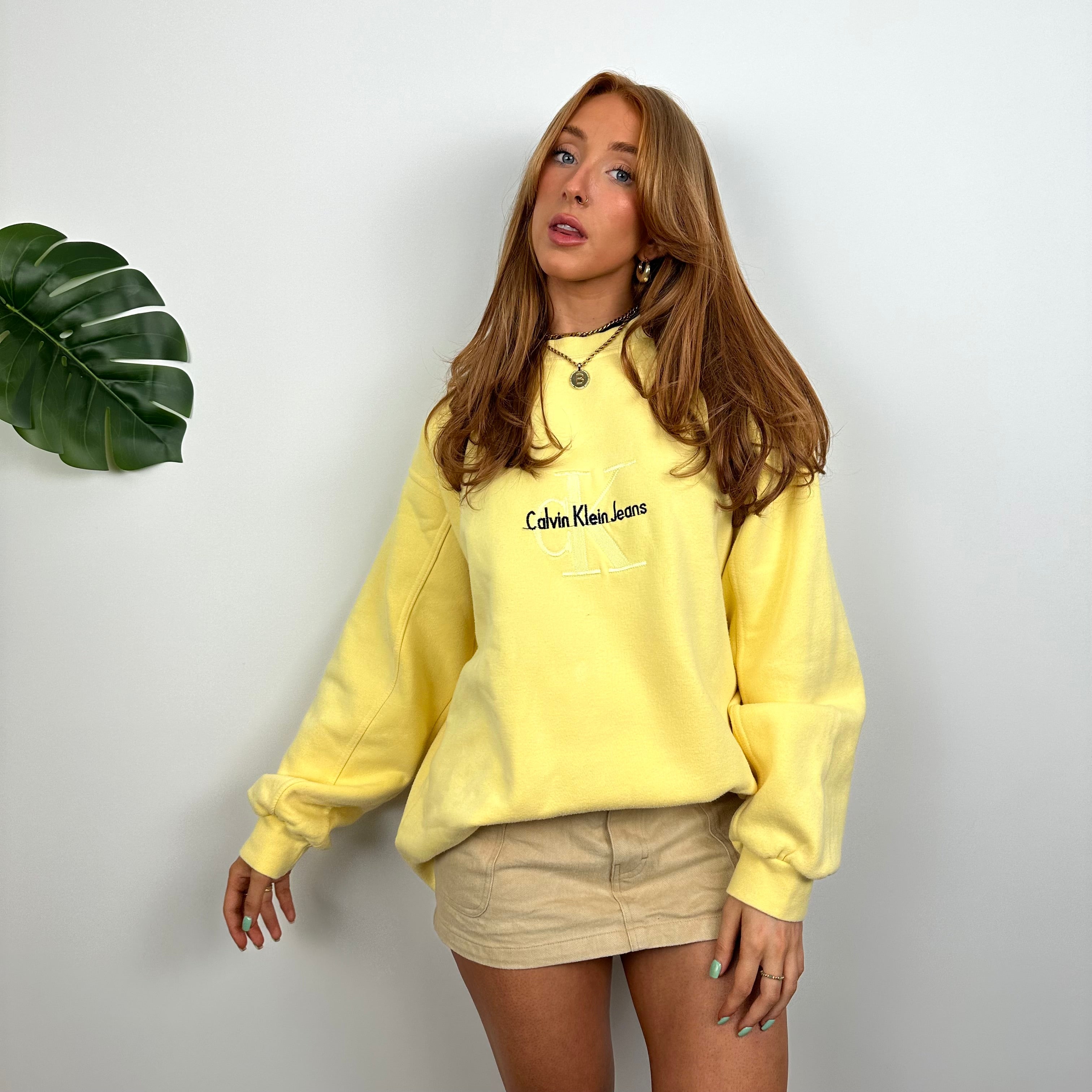 Calvin Klein RARE Yellow Embroidered Spell Out Sweatshirt (M)