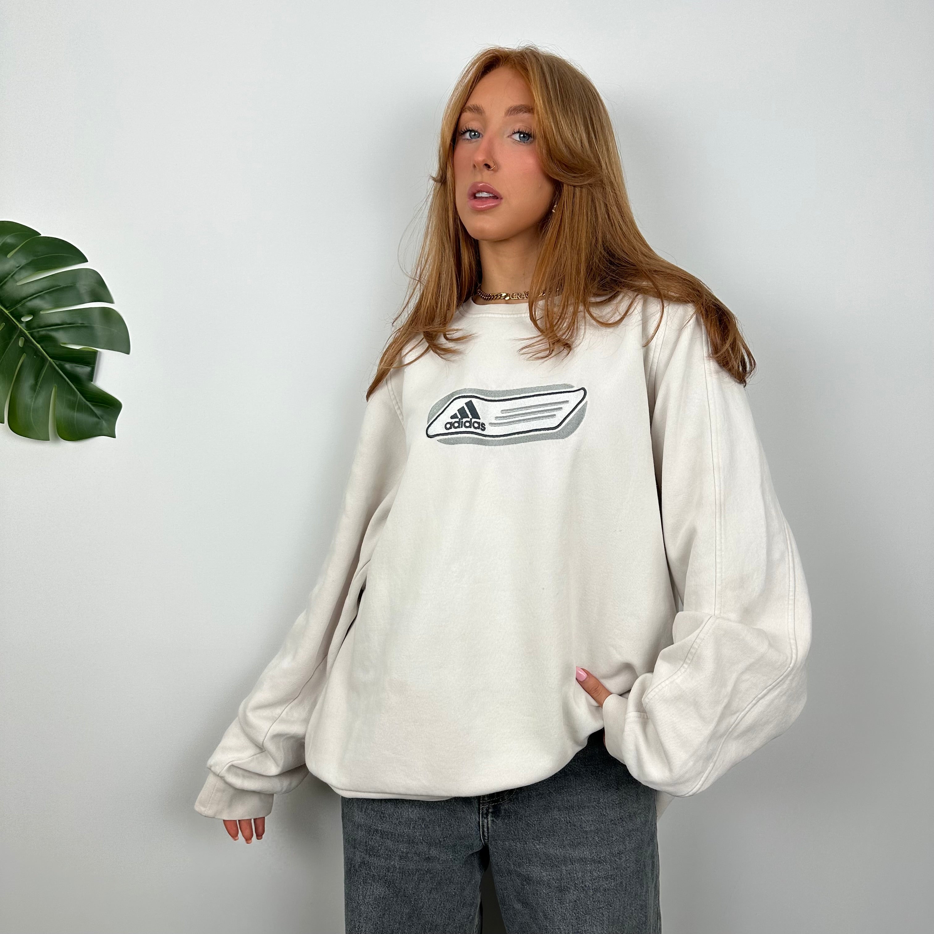 Adidas White Embroidered Spell Out Sweatshirt (L)