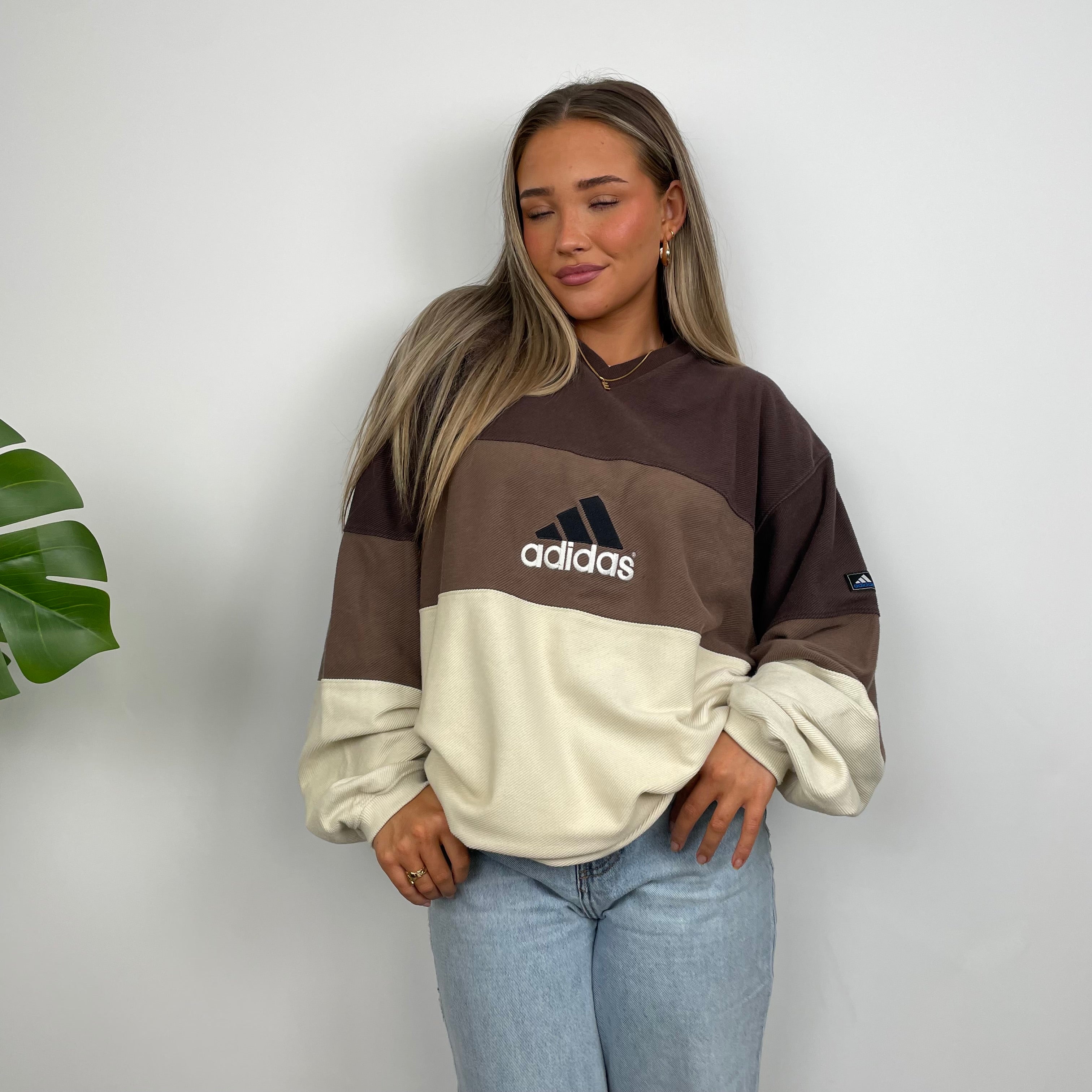 Adidas RARE Cream & Brown Colour Block Embroidered Spell Out Sweatshirt (XL)