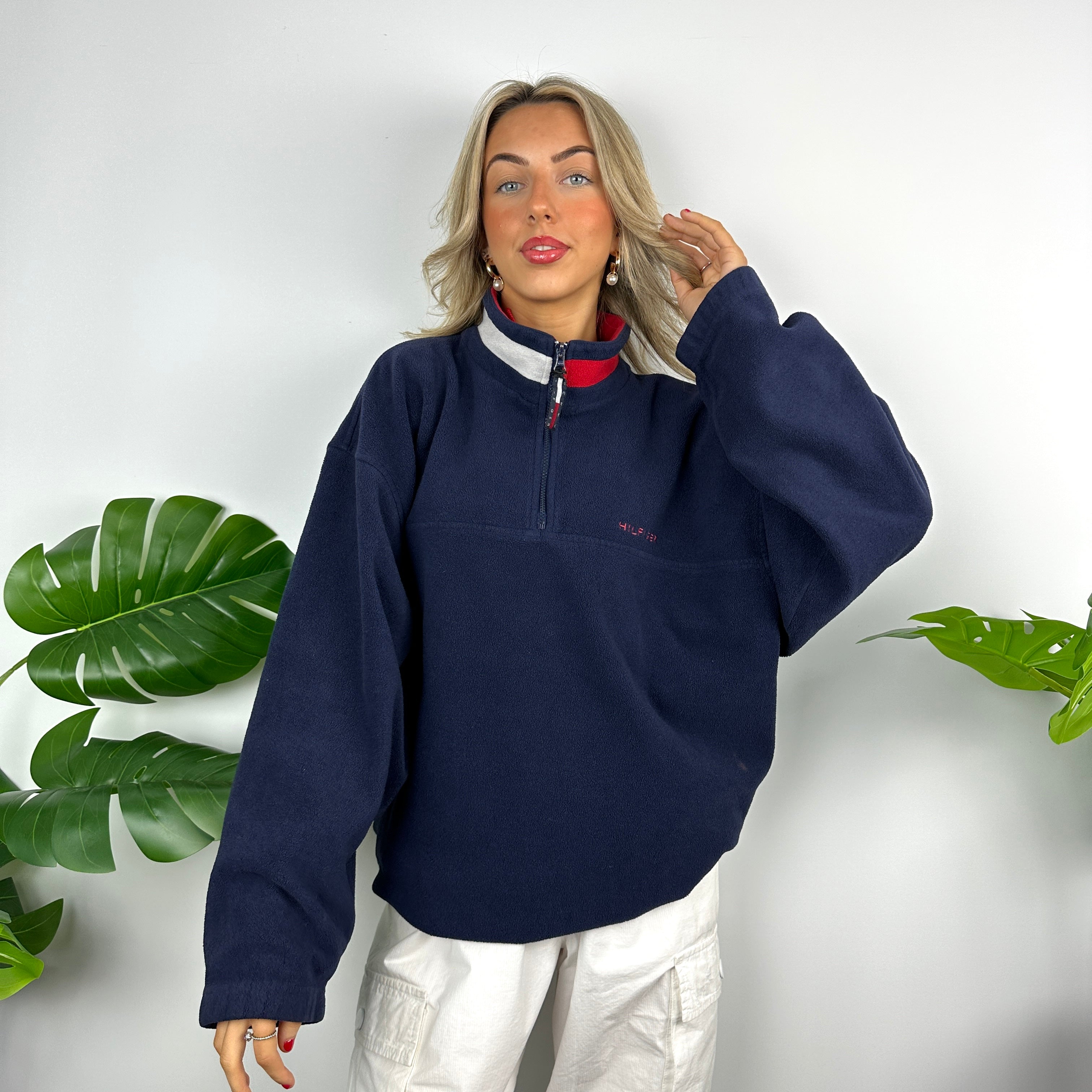 Tommy Hilfiger Navy Embroidered Spell Out Teddy Bear Fleece Quarter Zip Sweatshirt (XL)