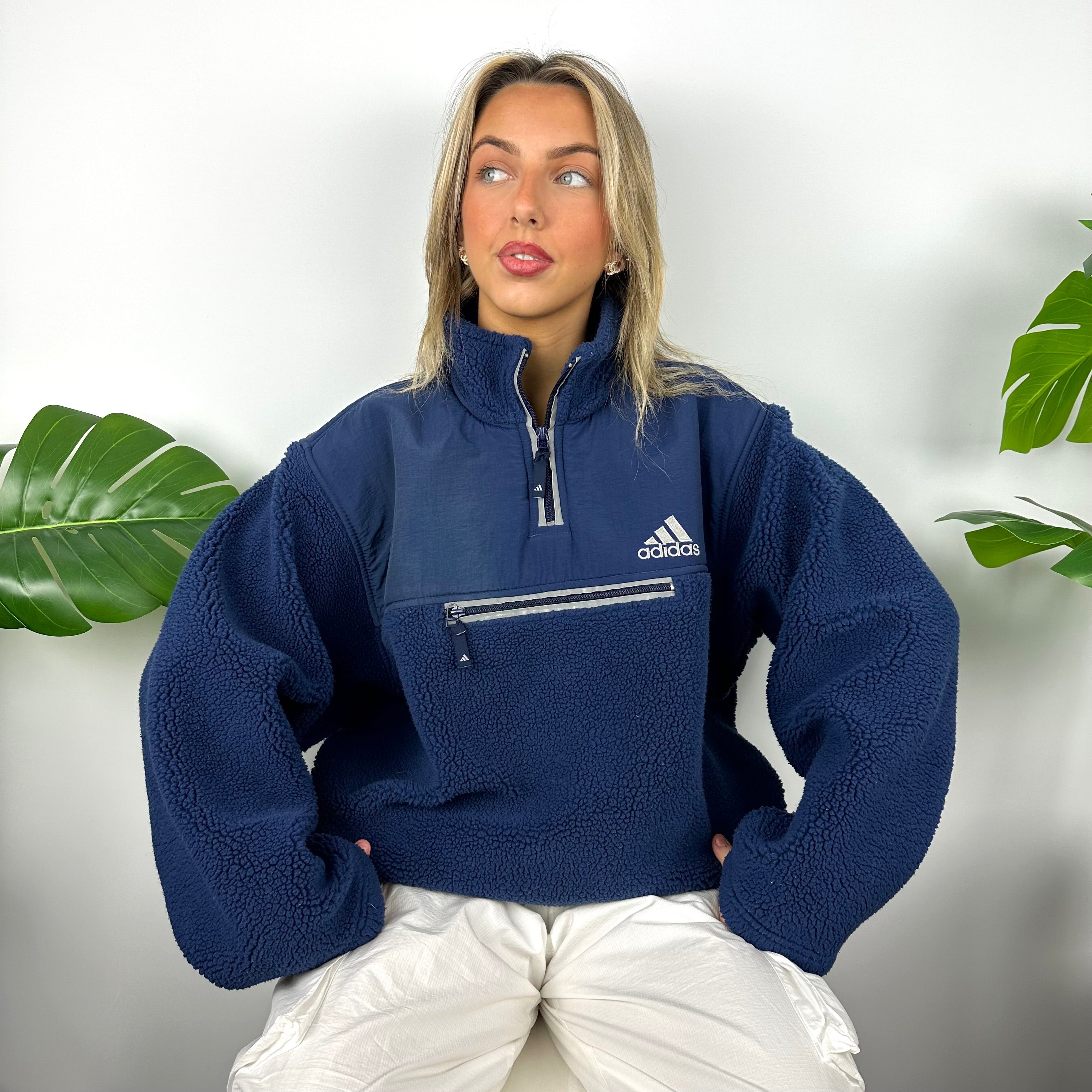 Adidas Navy Embroidered Spell Out Teddy Bear Sherpa Fleece Quarter Zip Sweatshirt (XL)