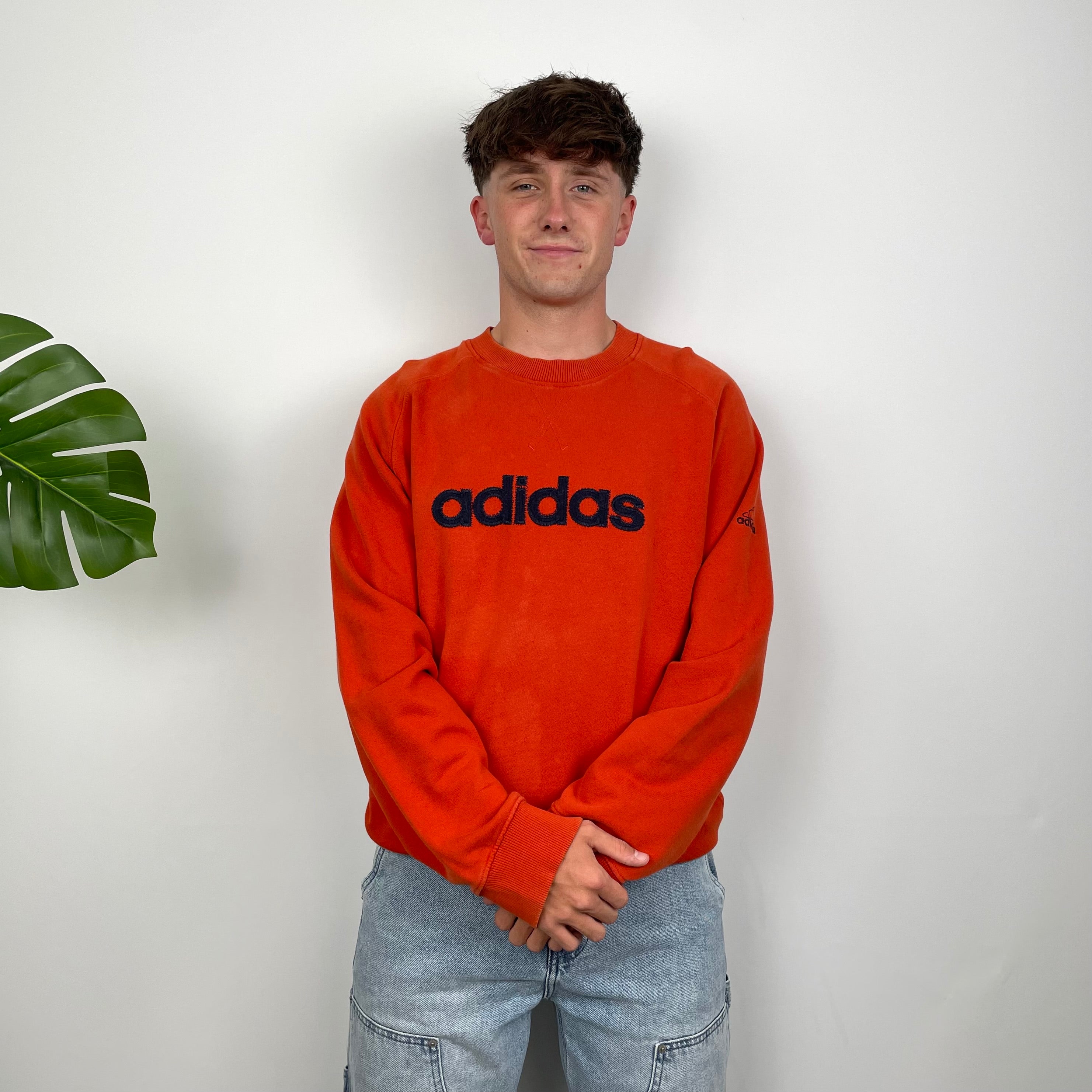 Adidas Orange Embroidered Spell Out Sweatshirt (XL)