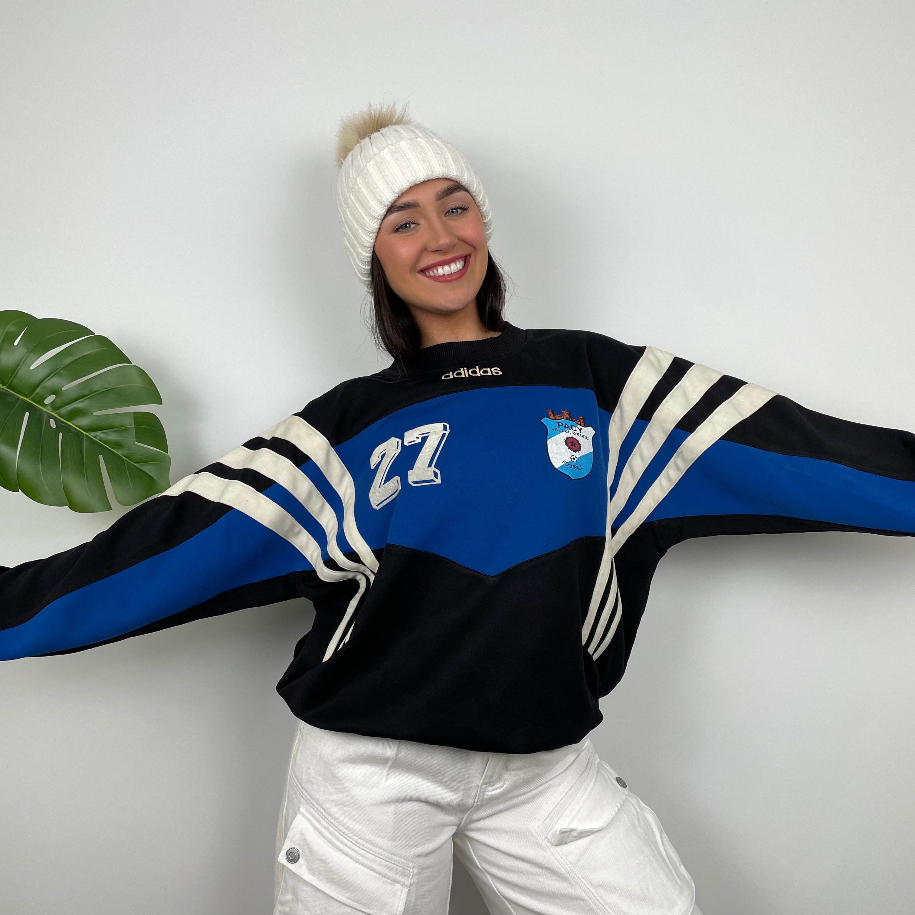Adidas Black & Blue Embroidered Spell Out Colour Block Sweatshirt (L)