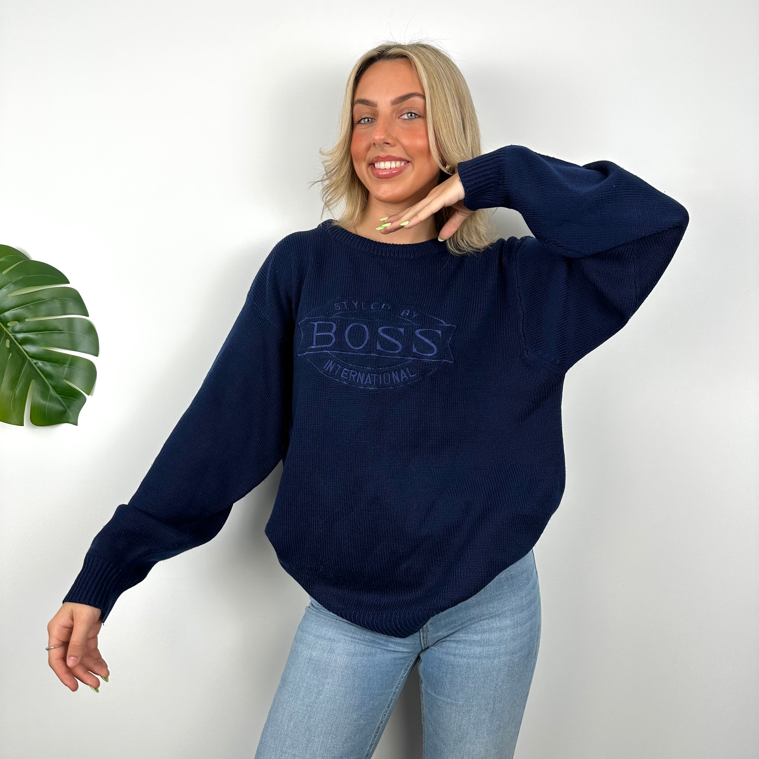 Hugo Boss Navy Embroidered Spell Out Knitted Sweater (M)