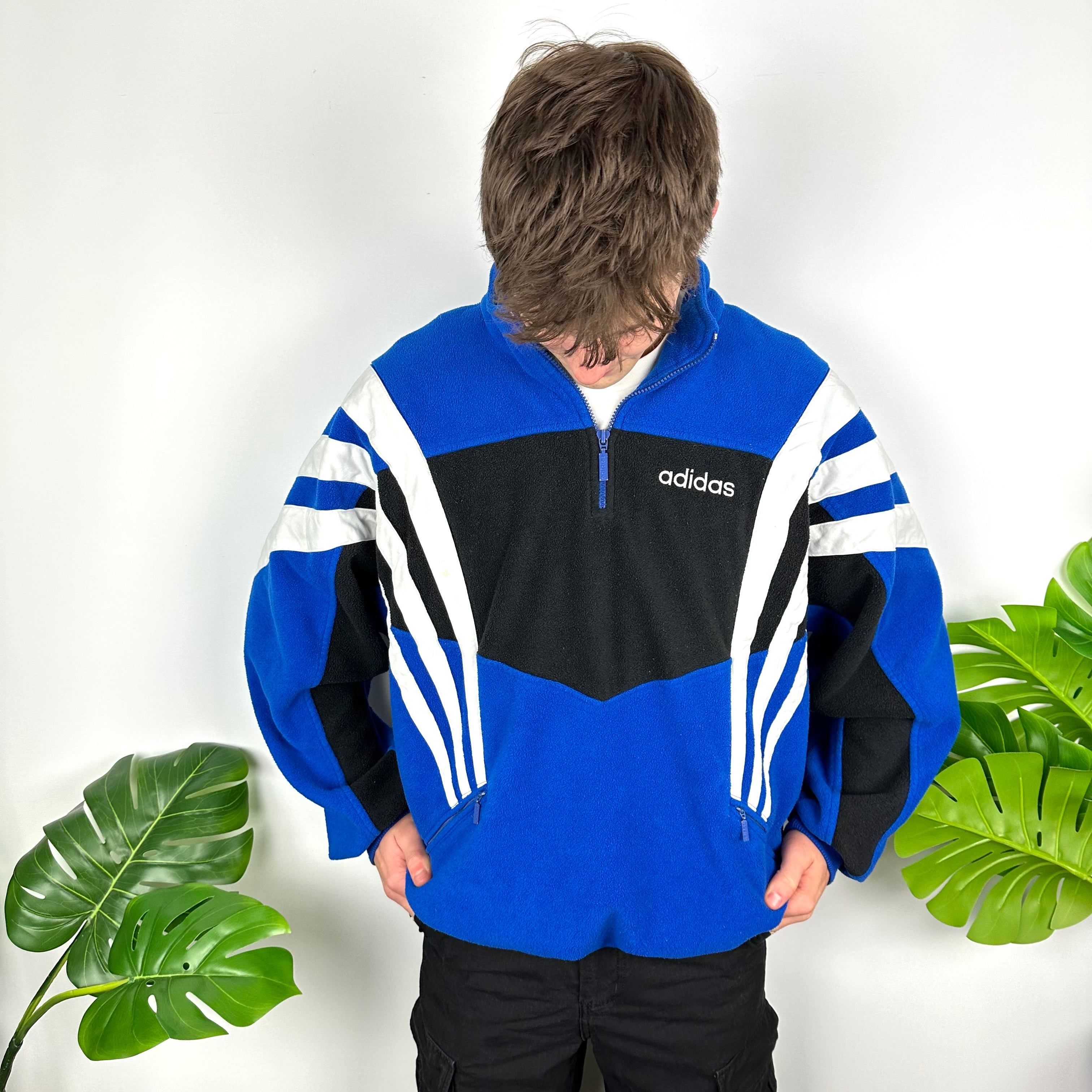 Adidas Blue Colour Block Embroidered Spell Out Teddy Bear Fleece Quarter Zip Sweatshirt (XL)