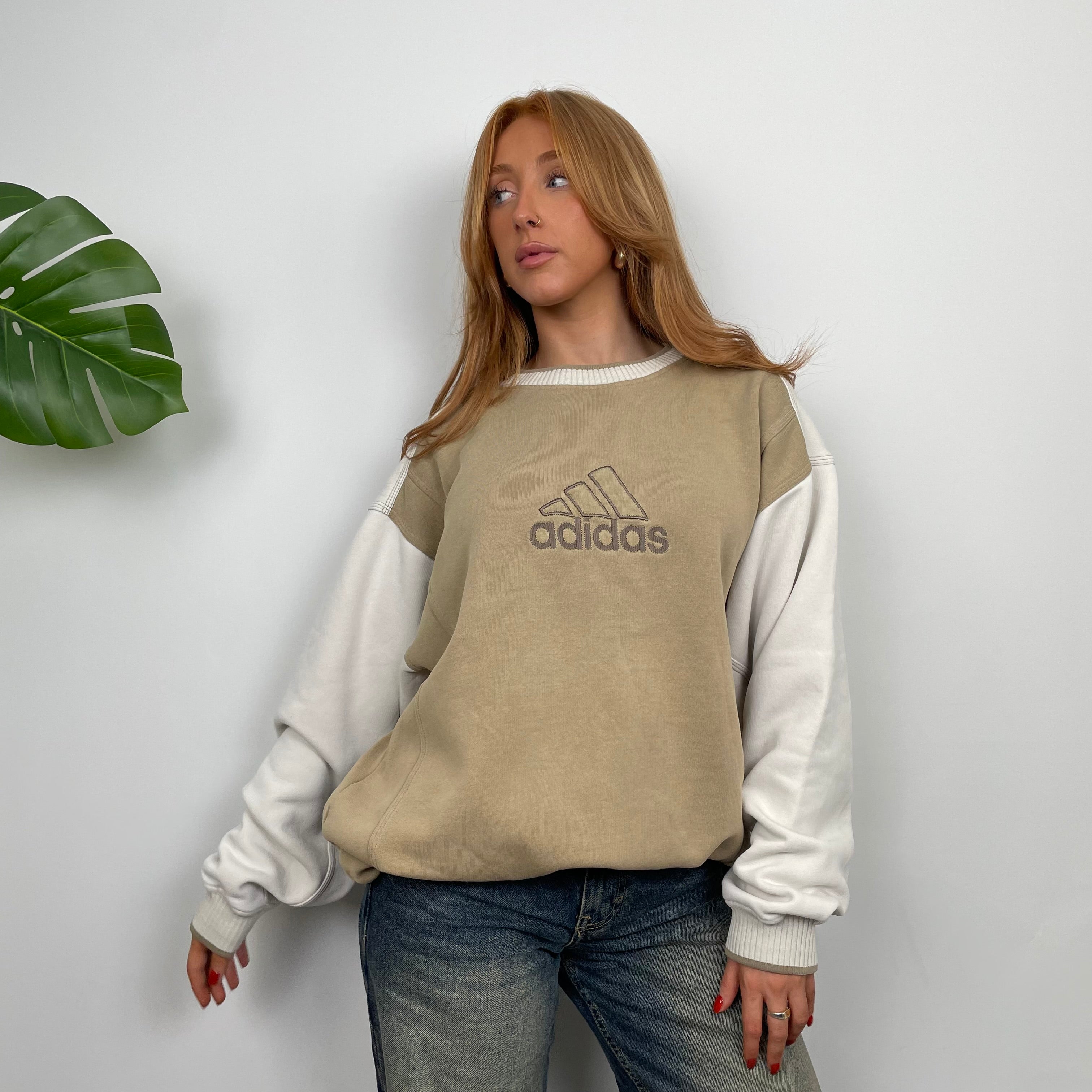 Adidas Cream and Tan Brown Embroidered Spell Out Sweatshirt (M)