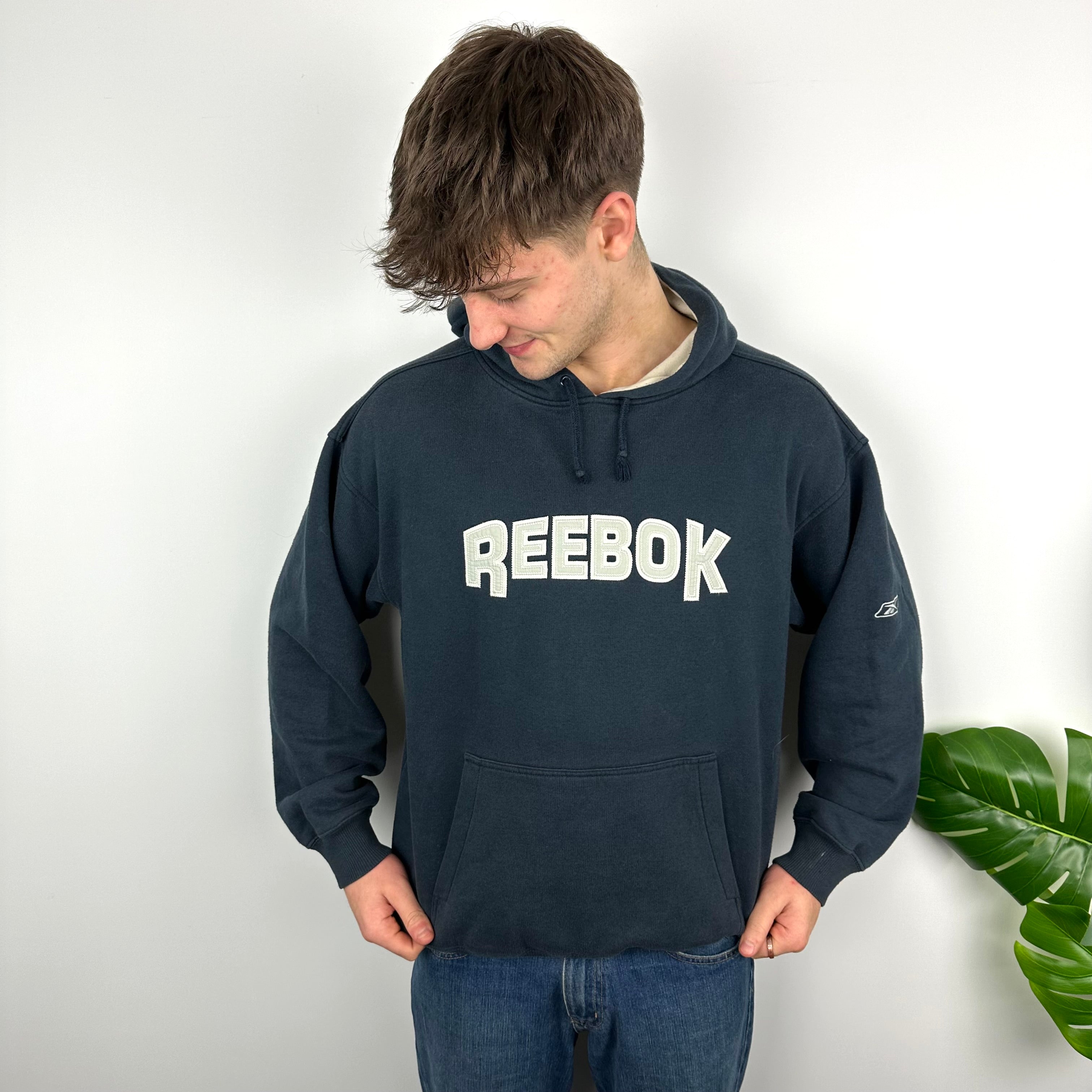 Reebok RARE Navy Embroidered Spell Out Hoodie (M)